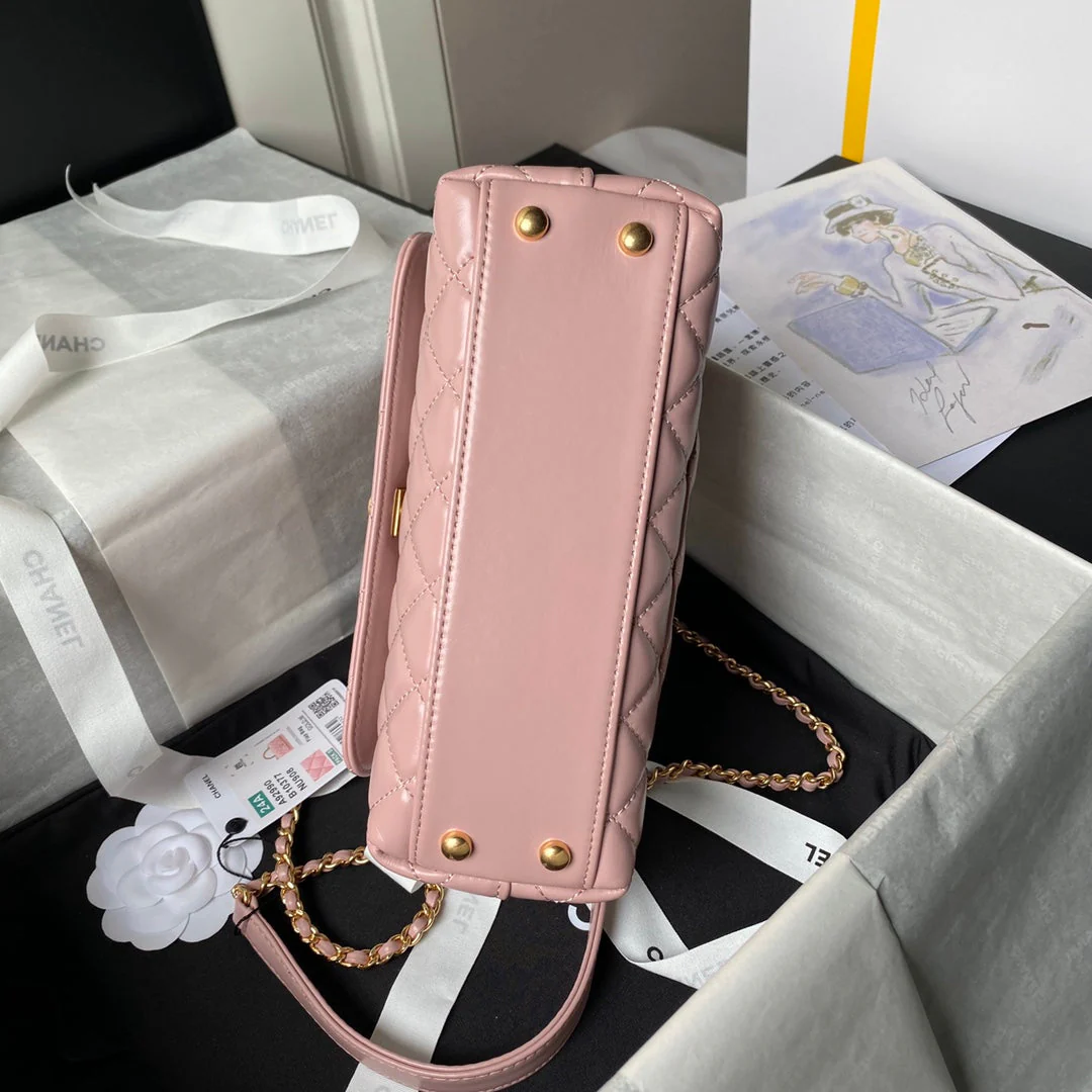 CHANEL 25S CLASSIC COCO HANDLE BAG 23 CM IN LIGHT PINK LAMBSKIN WITH GOLD HARDWARE