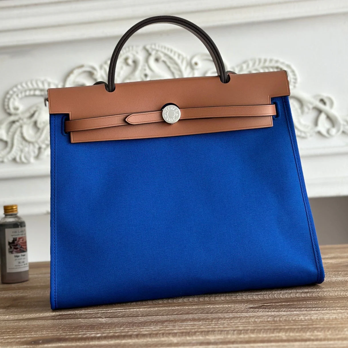 ZIP CABINE 31 BAG IN COBALT BLUE CANVAS AND BRONZE BROWN CALFSKIN
