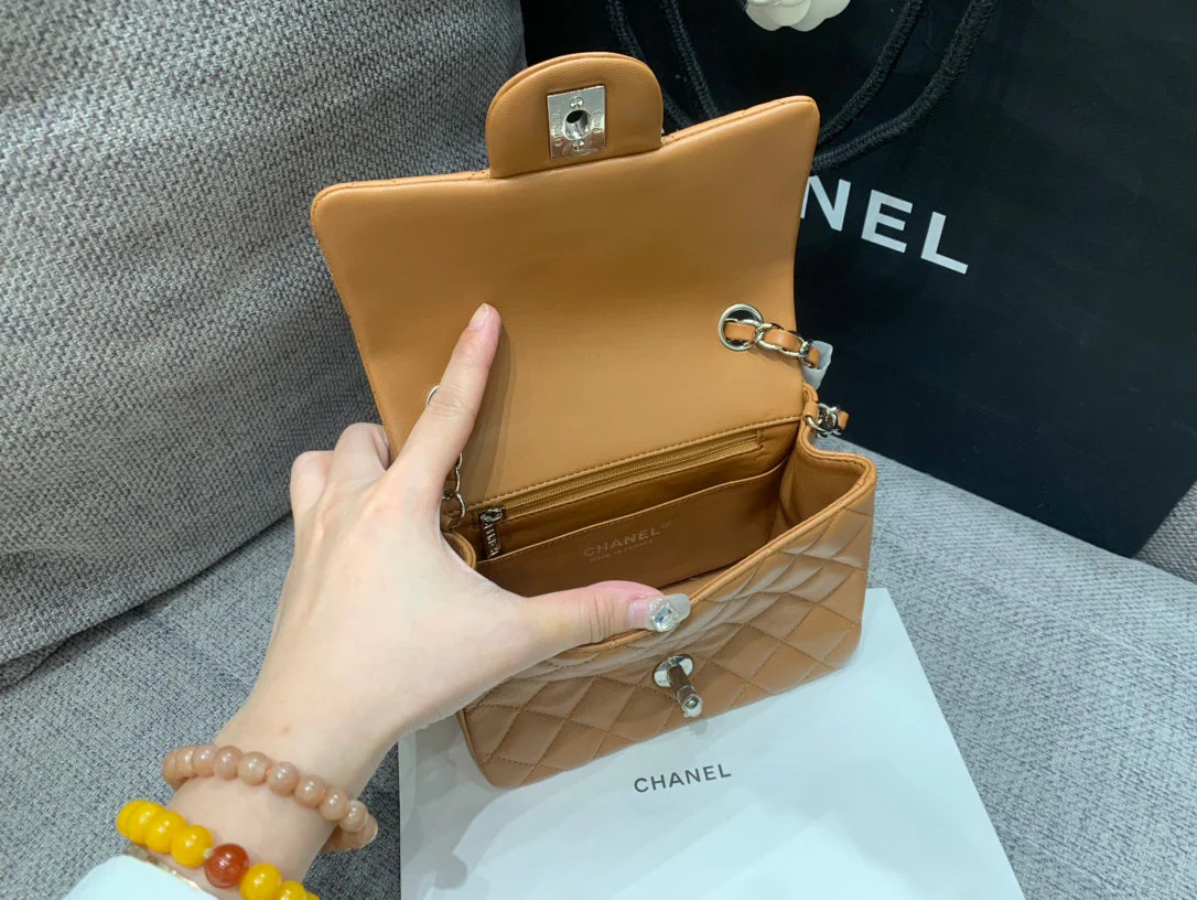 MINI SQUARE FLAP BAG 17CM BROWN LAMBSKIN SILVER HARDWARE