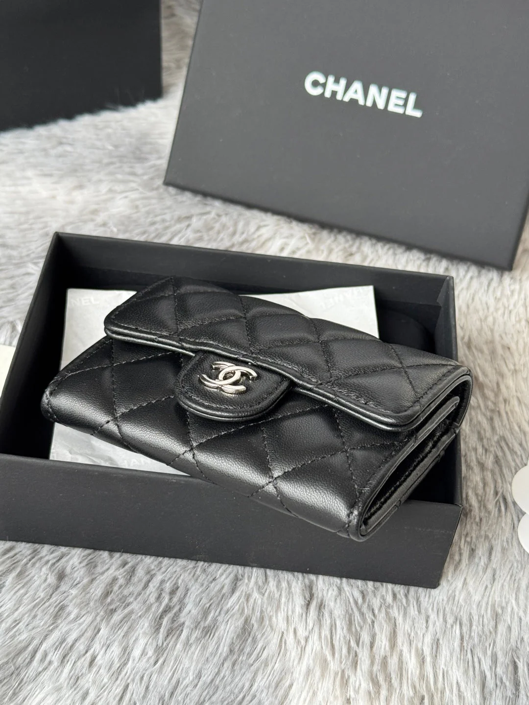 CHANEL 25S CLASSIC CARD HOLDER 11 IN BLACK LAMBSKIN SILVER HARDWARE