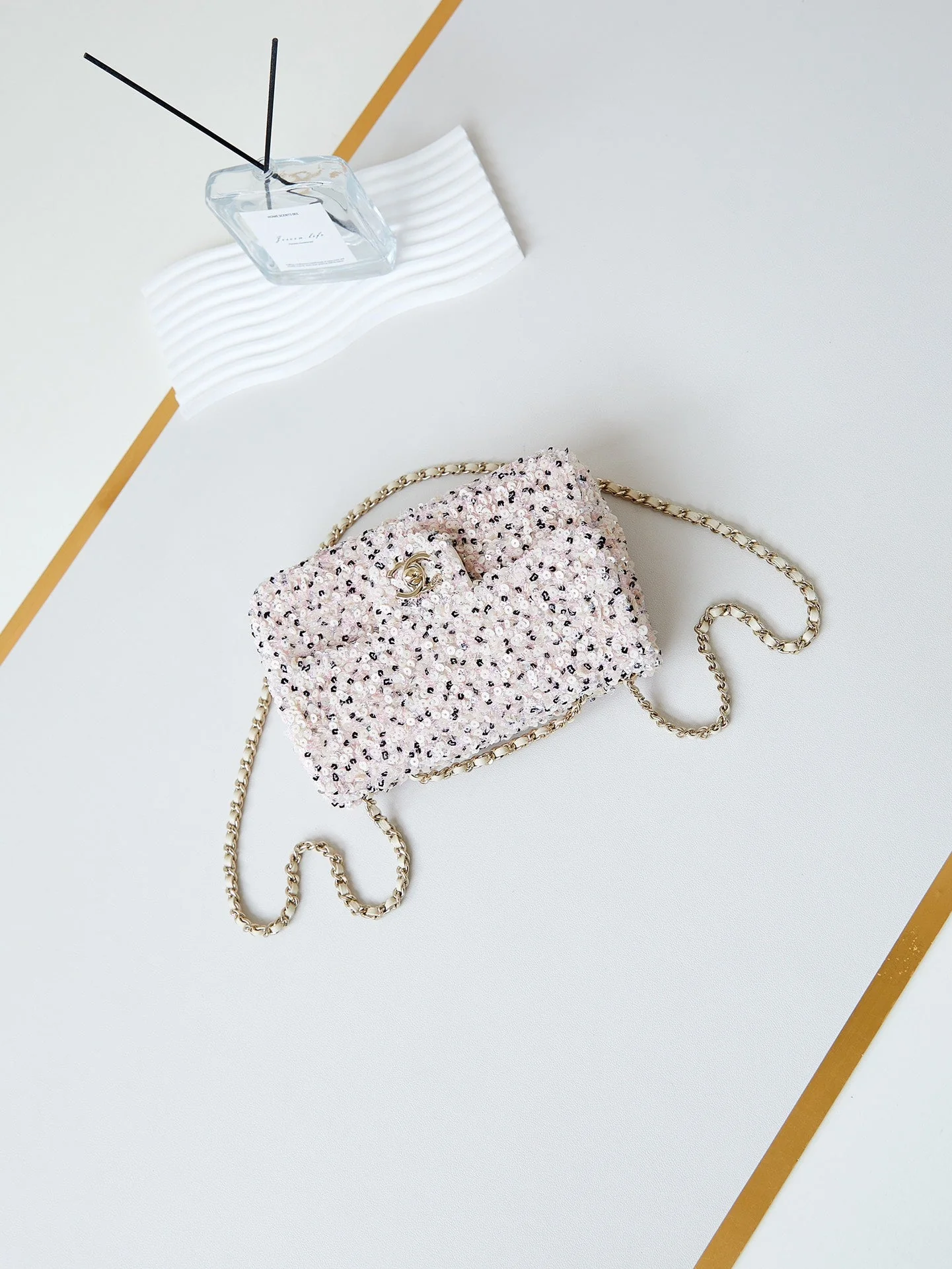 CHANEL 25S FLAP BAG 20 IN LIGHT PINK MIX BLACK SEQUINS
