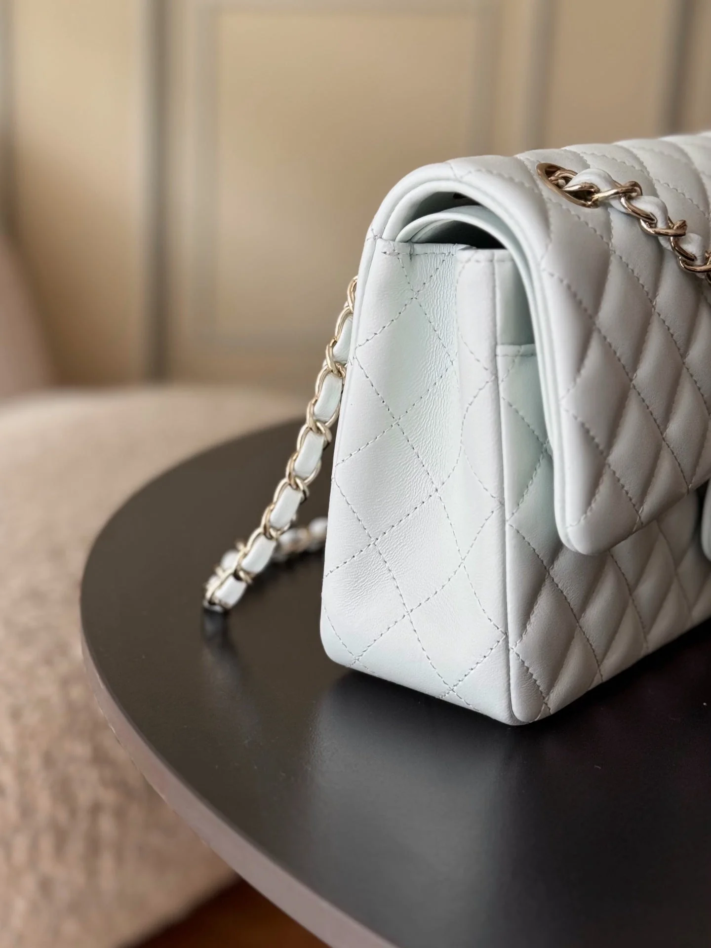 CHANEL 25S CLASSIC FLAP BAG 25 CM IN LIGHT GRAY BLUE LAMBSKIN WITH GOLD HARDWARE
