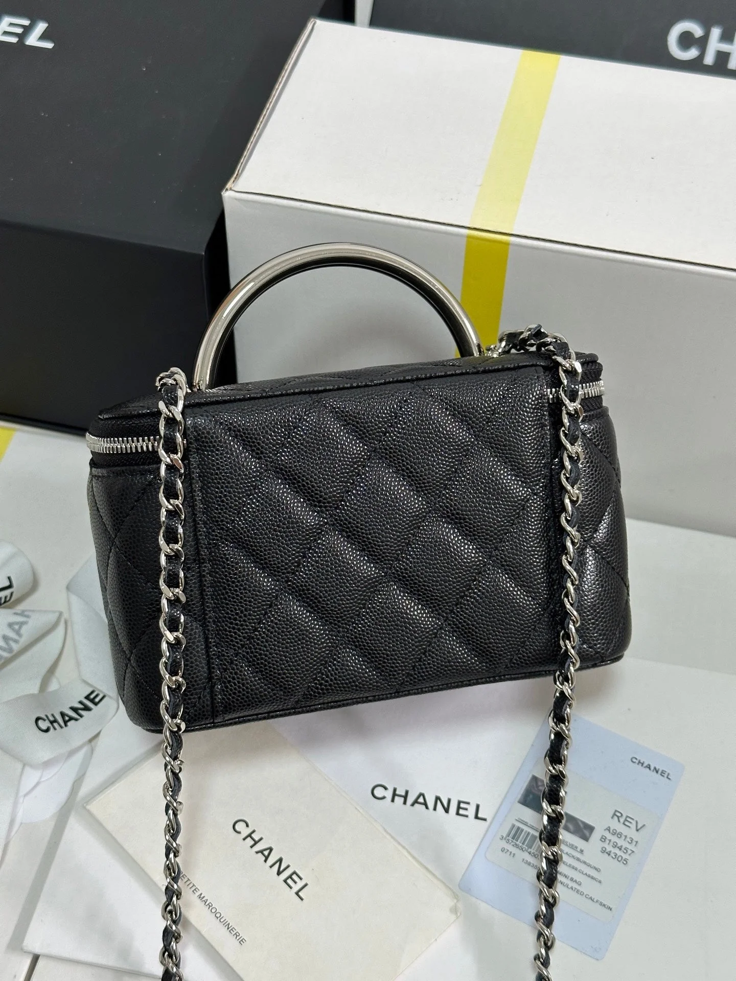 MINI VANITY TOP HANDLE CASE 17 IN BLACK CAVIAR SKIN SILVER-TONE PLATED METAL