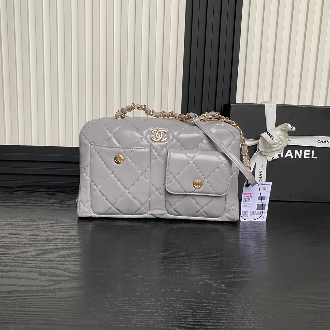 BOWLING BAG 29 IN GREY CALFSKIN GOLD HARDWARE