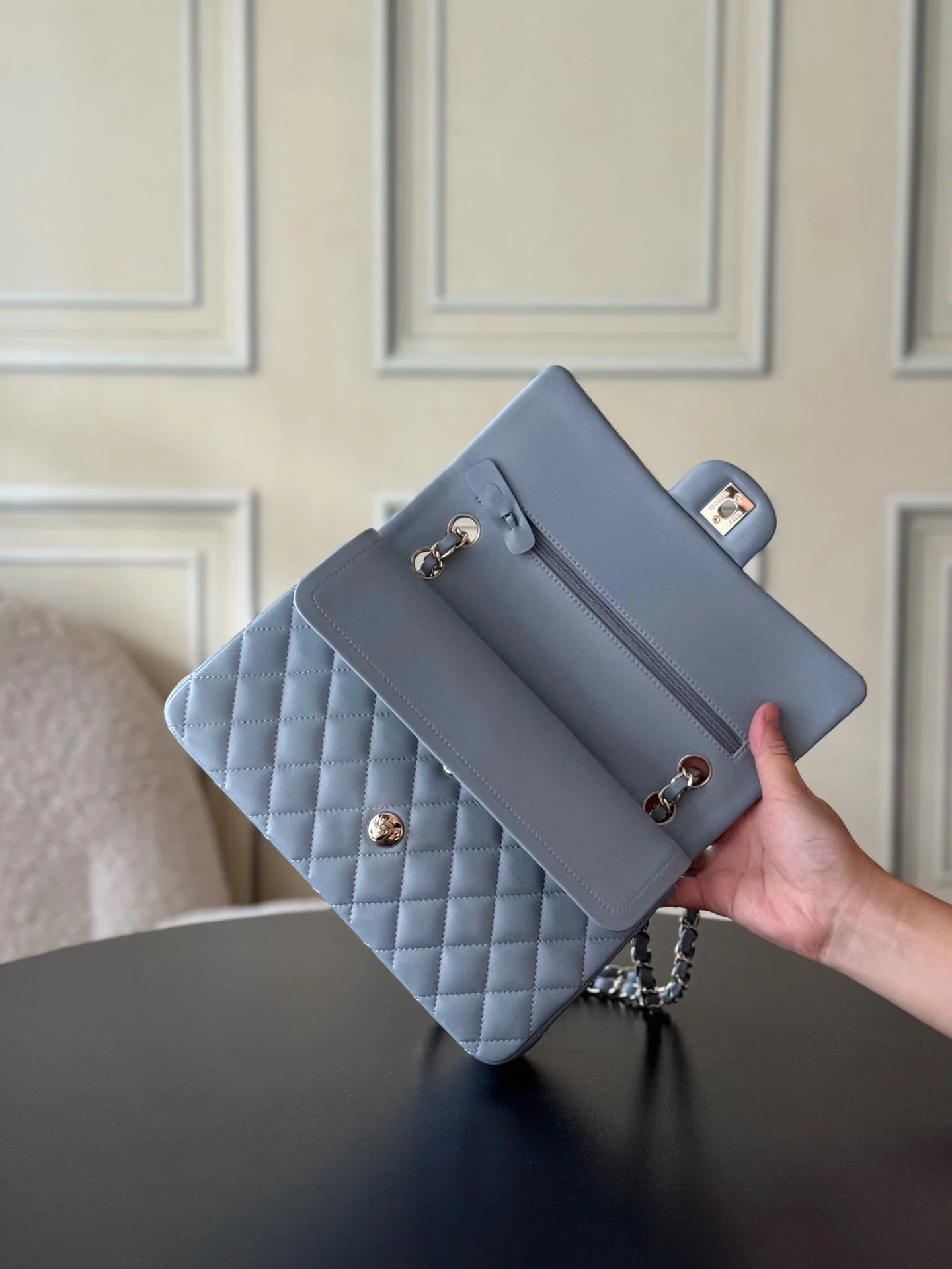 CHANEL 25S CLASSIC FLAP BAG 25 CM IN SLATE BLUE GRAY LAMBSKIN WITH GOLD HARDWARE