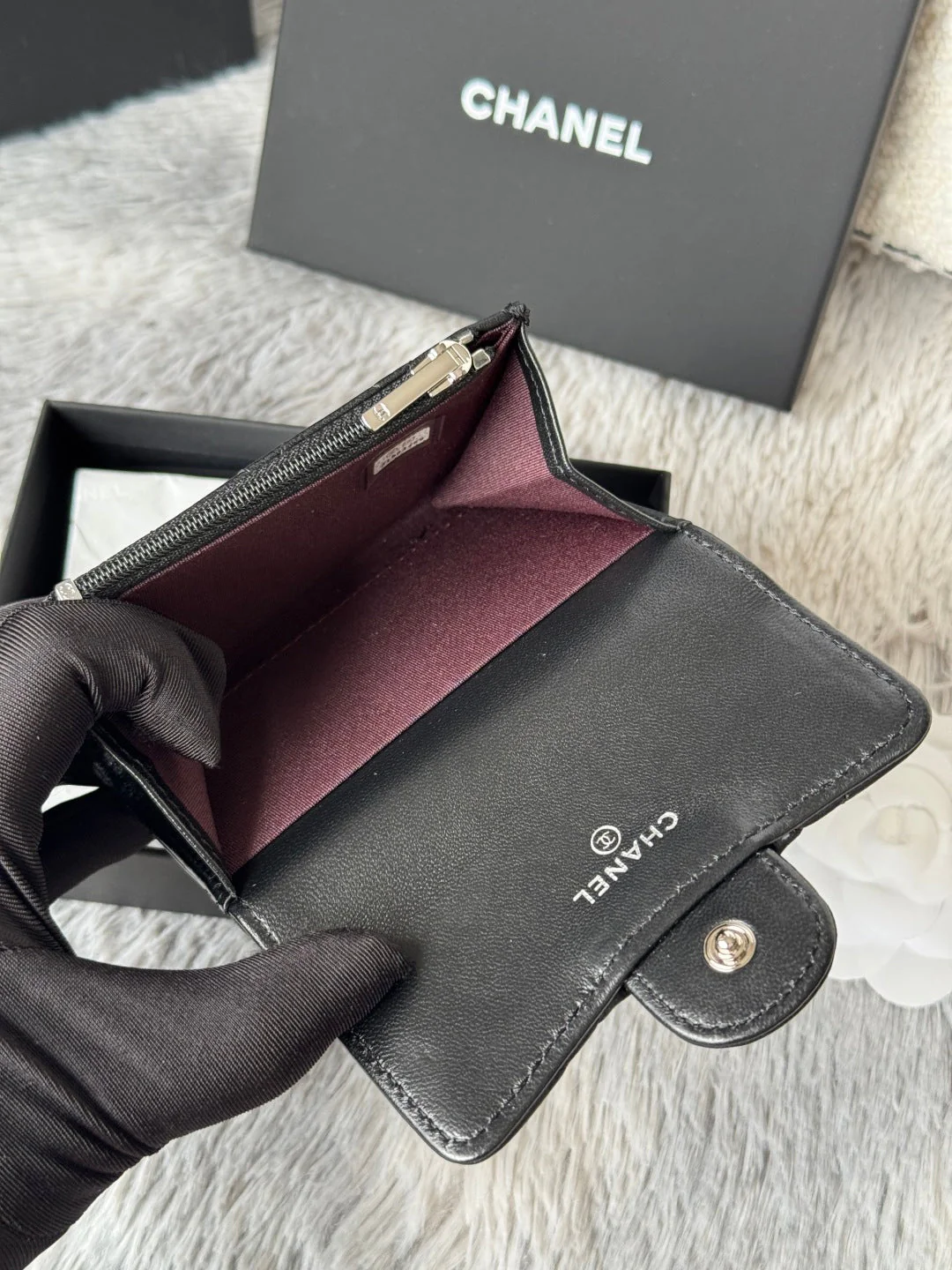 CHANEL 25S CLASSIC CARD HOLDER 11 IN BLACK LAMBSKIN SILVER HARDWARE