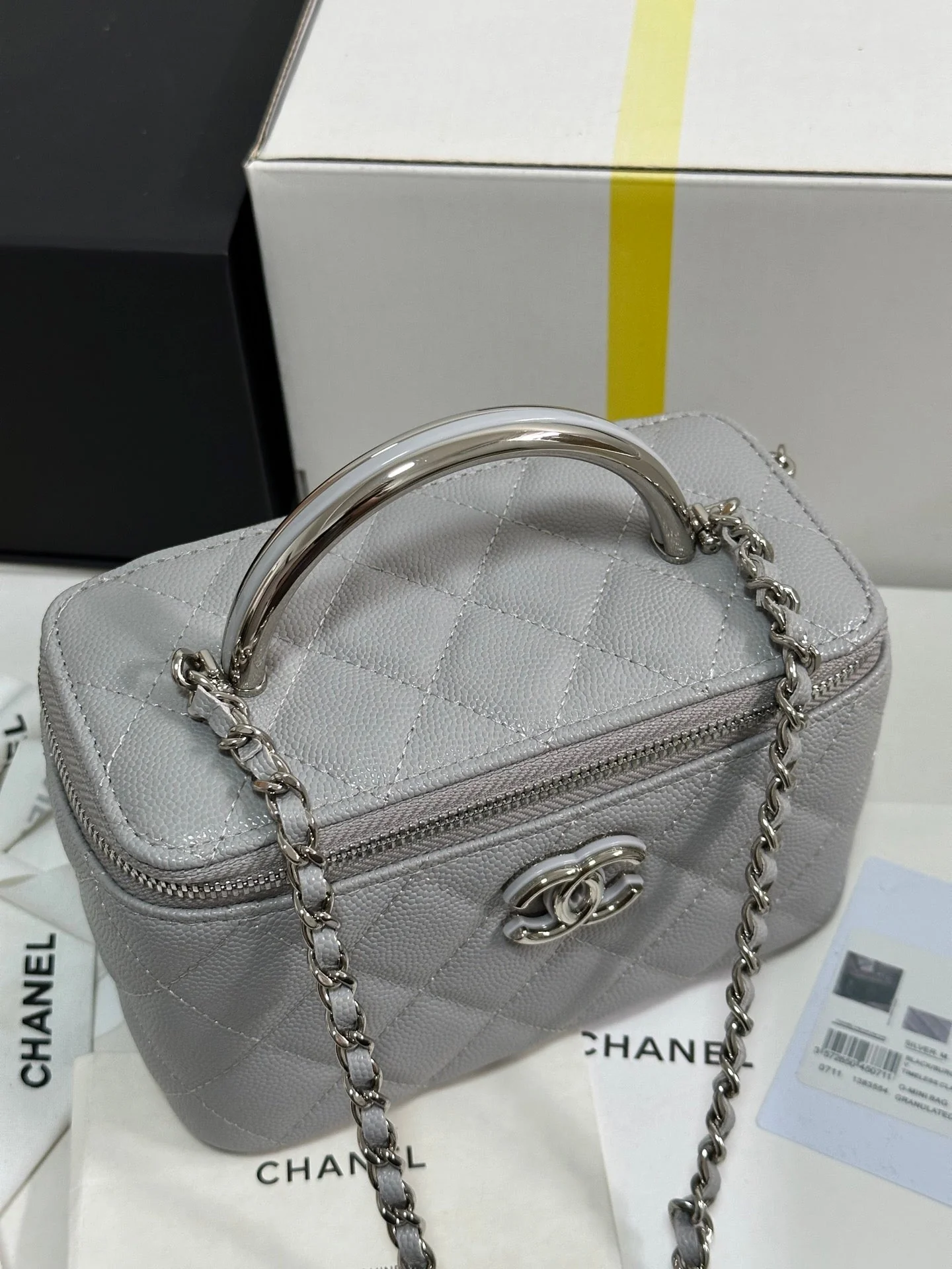 MINI VANITY TOP HANDLE CASE 17 IN GREY CAVIAR SKIN SILVER-TONE PLATED METAL