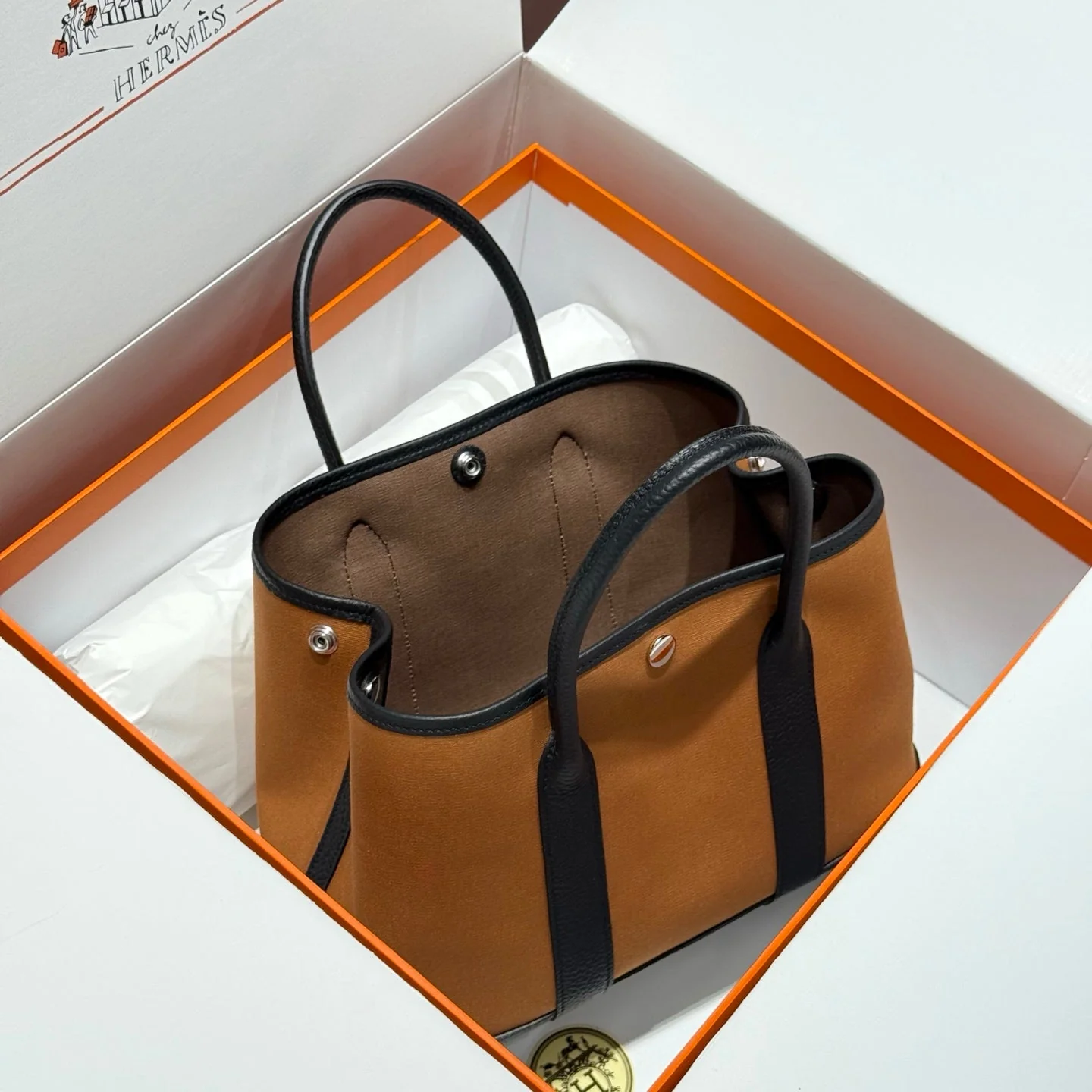 GARDEN PARTY 30CM IN ORANGE MINIMUM TOILETS COTTON CANVAS AND BLACK CALFSKIN