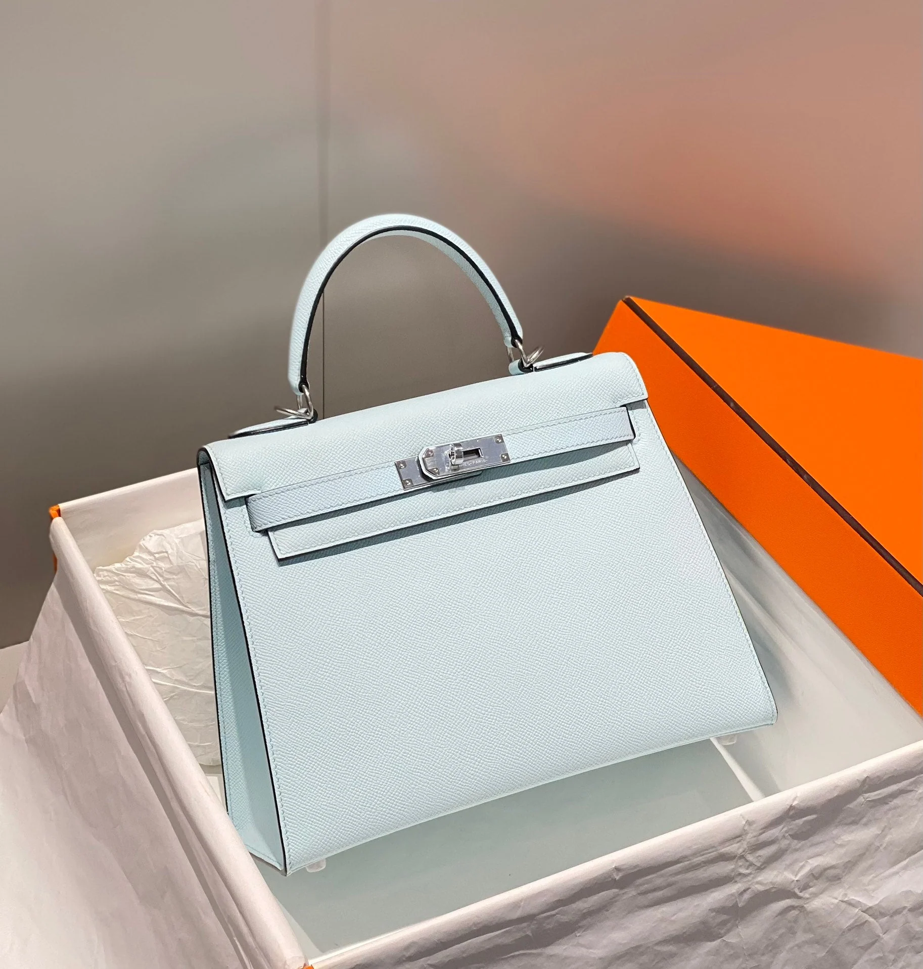 KELLY 28CM IN BLUE BRUME EPSOM CALFSKIN PALLADIUM HARDWARE