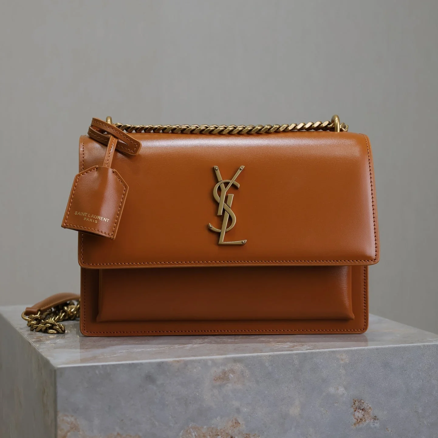 YSL 25S SUNSET BAG 22 IN DARK CARAMEL CALFSKIN GOLD HARDWRE
