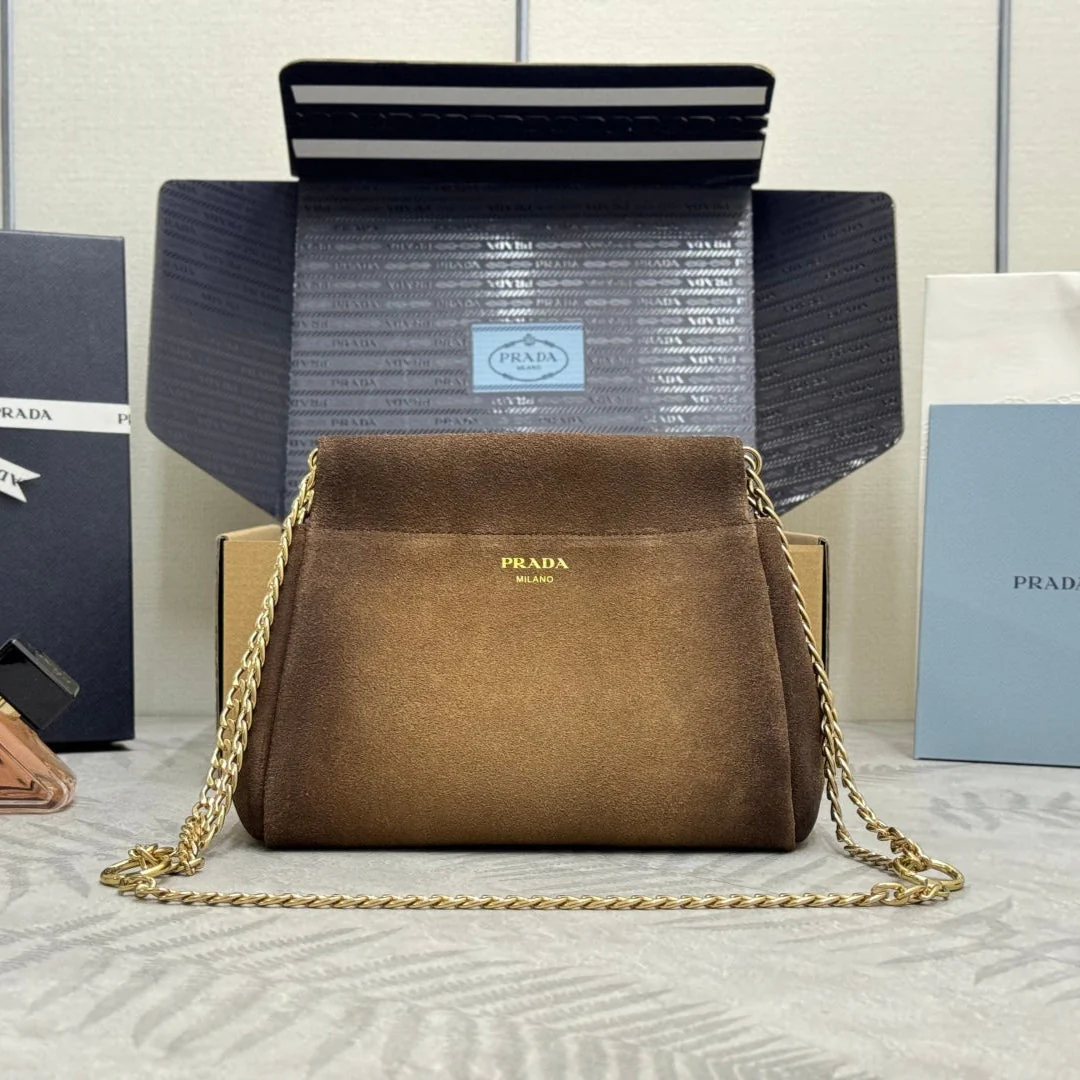 PRADA 25S ENCHAINE MINI BAG 22 IN CARAMEL BROWN SUEDE GOLD HARDWARE