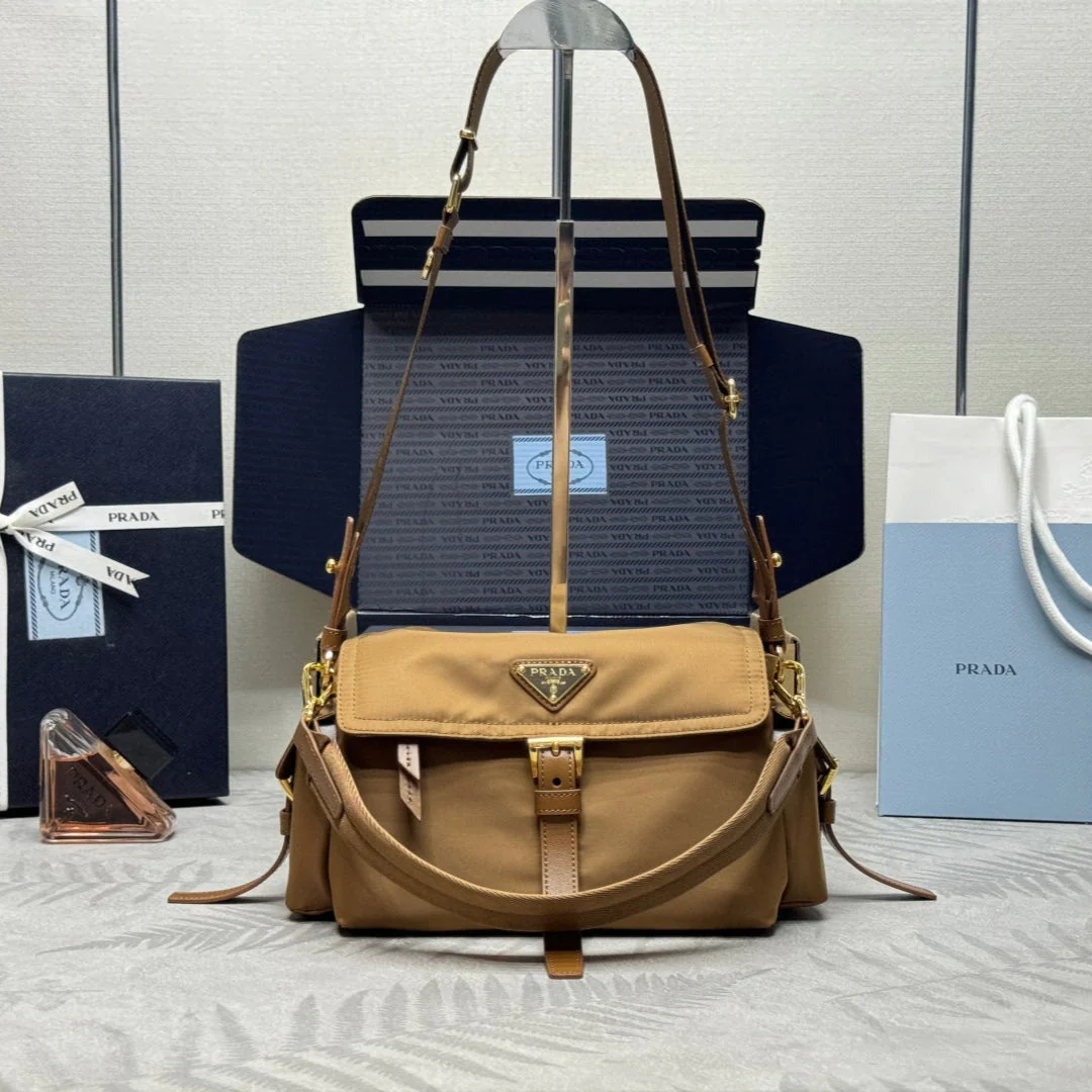 PRADA 25S EXPLORE LARGE SHOULDER BAG 30 IN CARAMEL RE-NYLON WITH FLAP