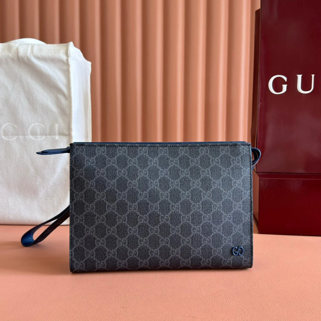 OPHIDIA POUCH 26 IN DARK GREY MONOGRAM CANVAS AND NAVY BLUE CALFSKIN TRIM