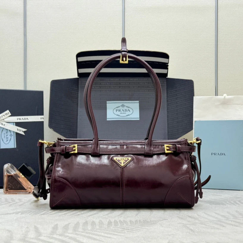 PRADA 25S BONNIE MEDIUM HANDBAG 32 IN BURGUNDY GLOSSY CALFSKIN