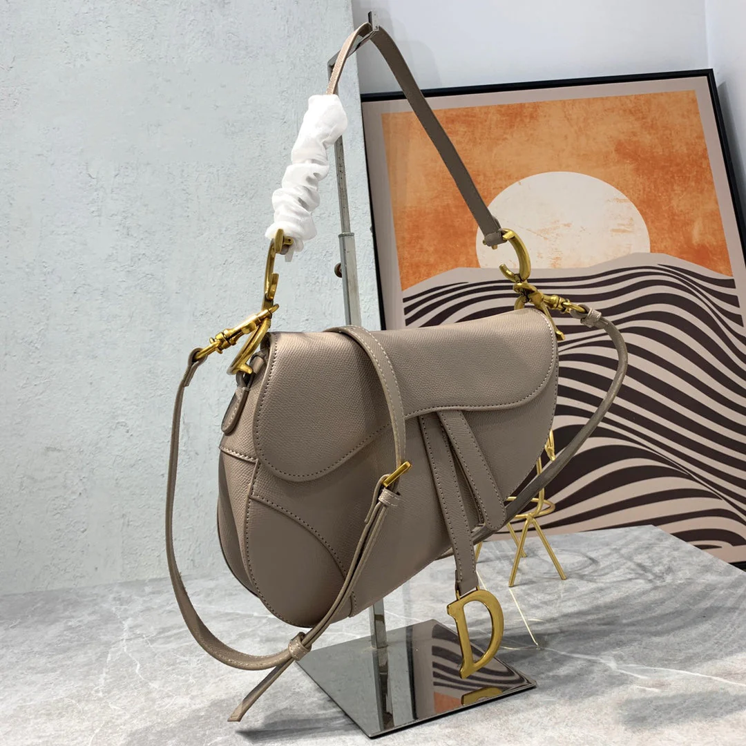 CD Saddle Bag Strap Warm Taupe Grained Brown Calfskin