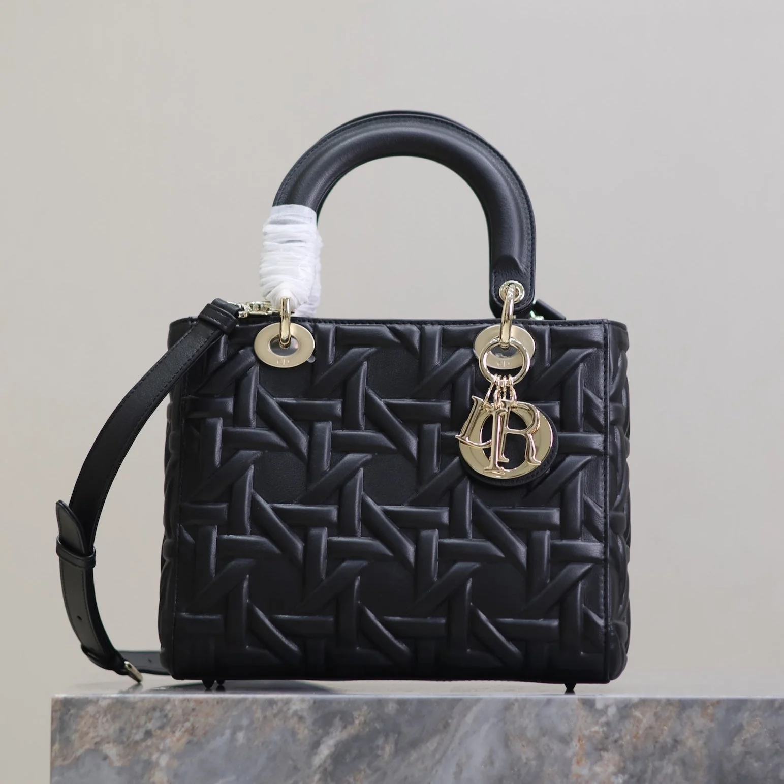 LADY BAG 24 IN BLACK GRAPHIC CANNAGE CALFSKIN PALE GOLD-FINISH METAL CHARMS