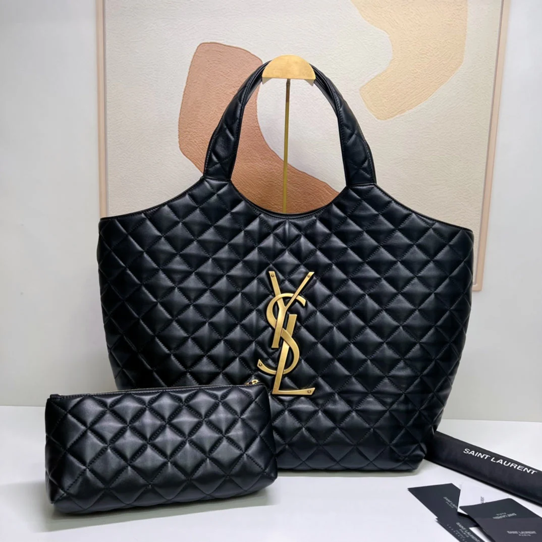 ICARE 58 MAXI SHOPPING BAG IN BLACK LAMBSKIN GOLD-TONE METALLIC