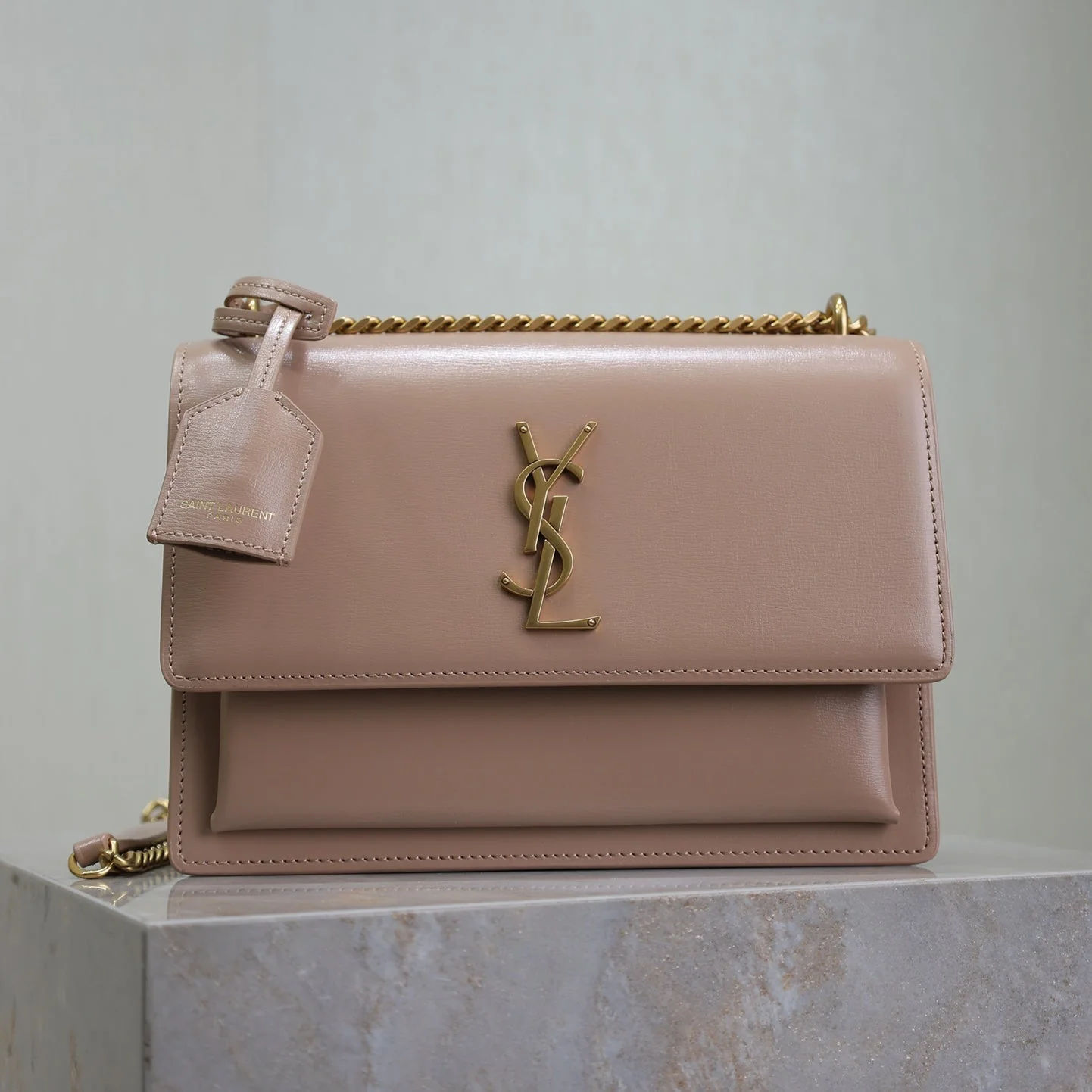 YSL 25S SUNSET BAG 22 IN WARM TAUPE PINK CALFSKIN GOLD HARDWRE