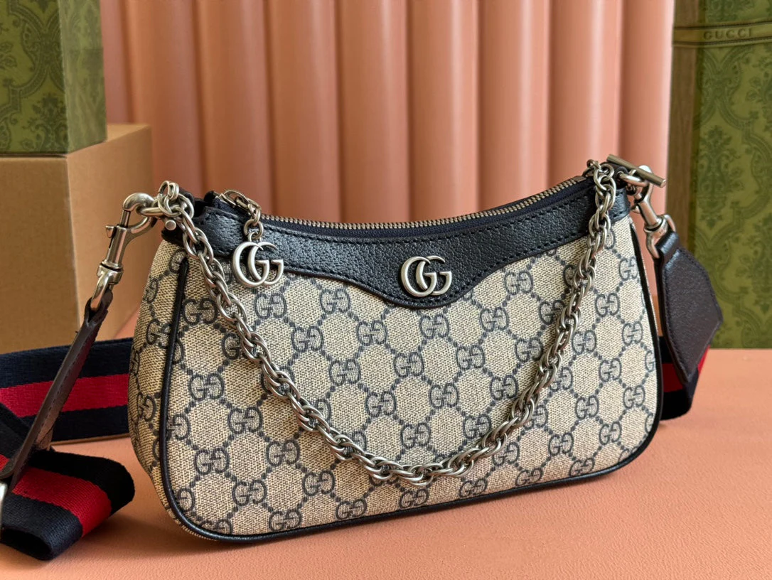 OPHIDIA SHOULDER BAG 25 IN GREY EBONY CANVAS AND BLACK LAMBSKIN SILVER HARDWARE