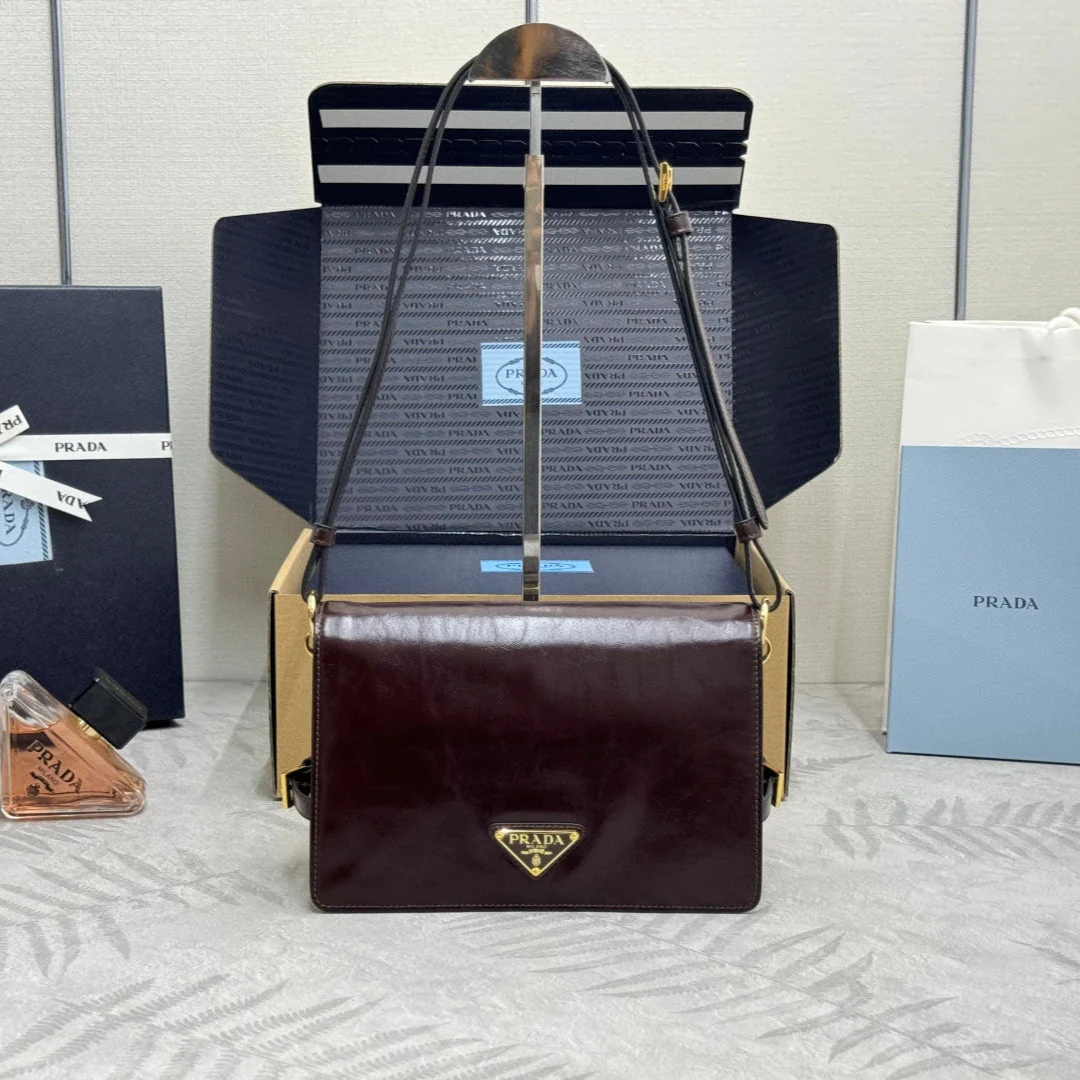 PRADA 25S SHOULDER BAG 23 IN DARK BROWN CALFSKIN GOLD HARDWARE