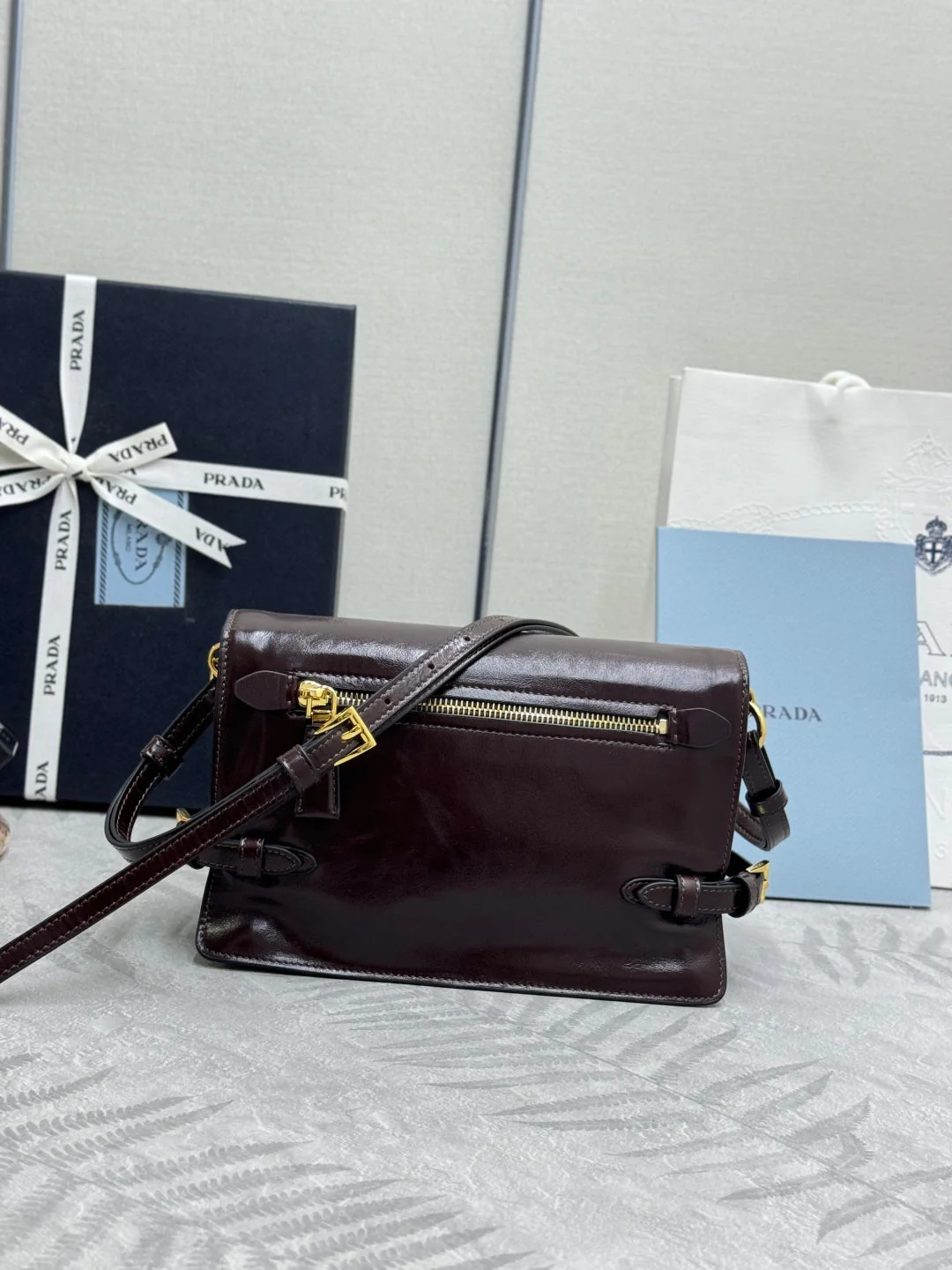 PRADA 25S SHOULDER BAG 23 IN DARK BROWN CALFSKIN GOLD HARDWRE