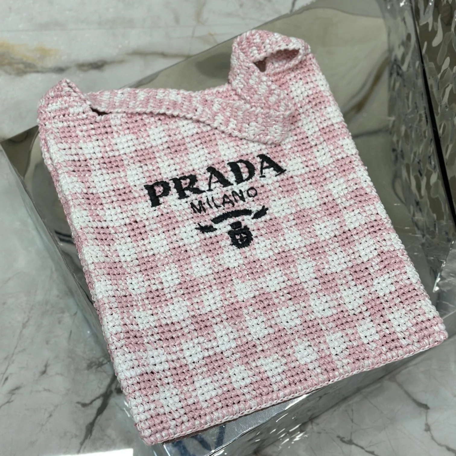 LARGE TOTE BAG 45 IN PINK MIX WHITE AND BLACK WOVEN RAFFIA