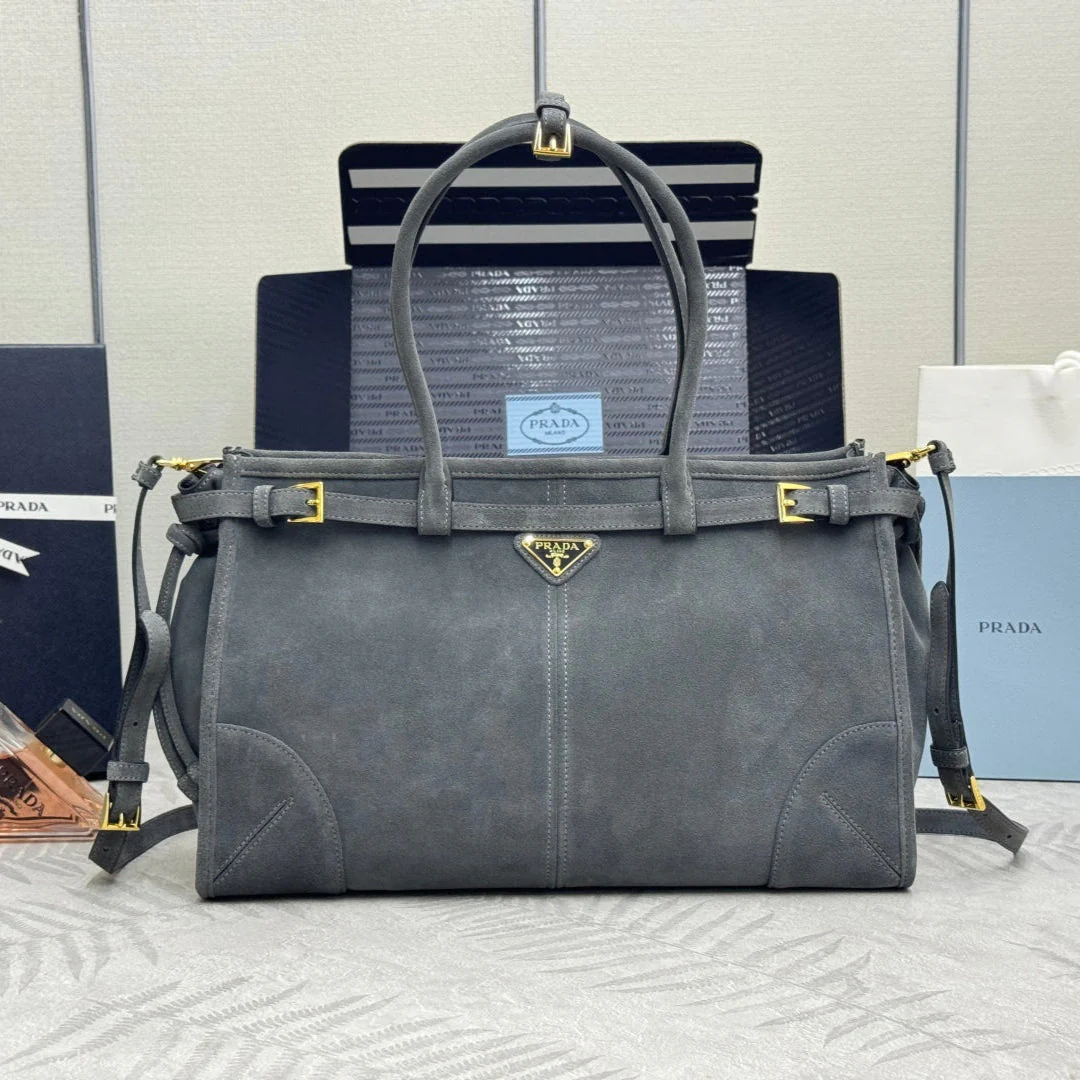 PRADA 25S BONNIE LARGE HANDBAG 38 IN DARK GRAY SUEDE GOLD HARDWARE