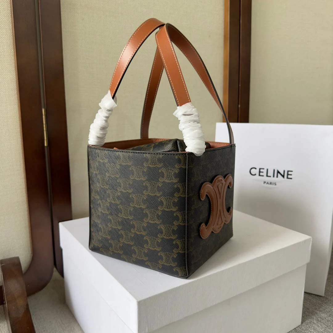 CUBE BAG 15 IN BLACK TRIOMPHE CANVAS AND BROWN CALFSKIN