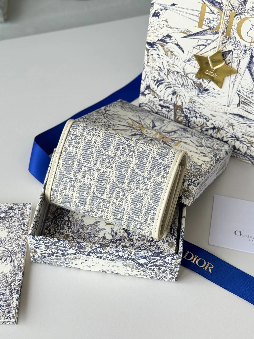 DIOR 25S CARO CARD HOLDER 11 IN LIGHT BLUE CALFSKIN AND CANVAS GOLD HARDWARE