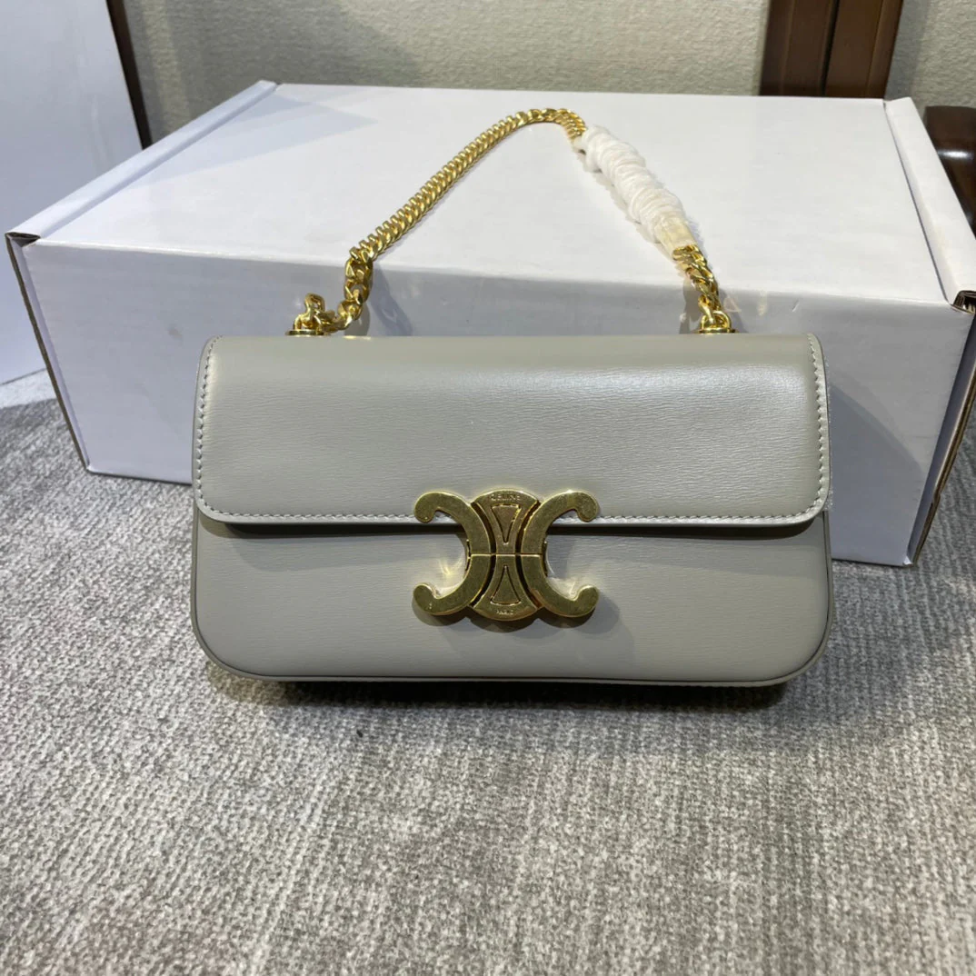 CHAIN EMBOSSED ARMPIT BAG 20 IN STONE GRAY CALFSKIN