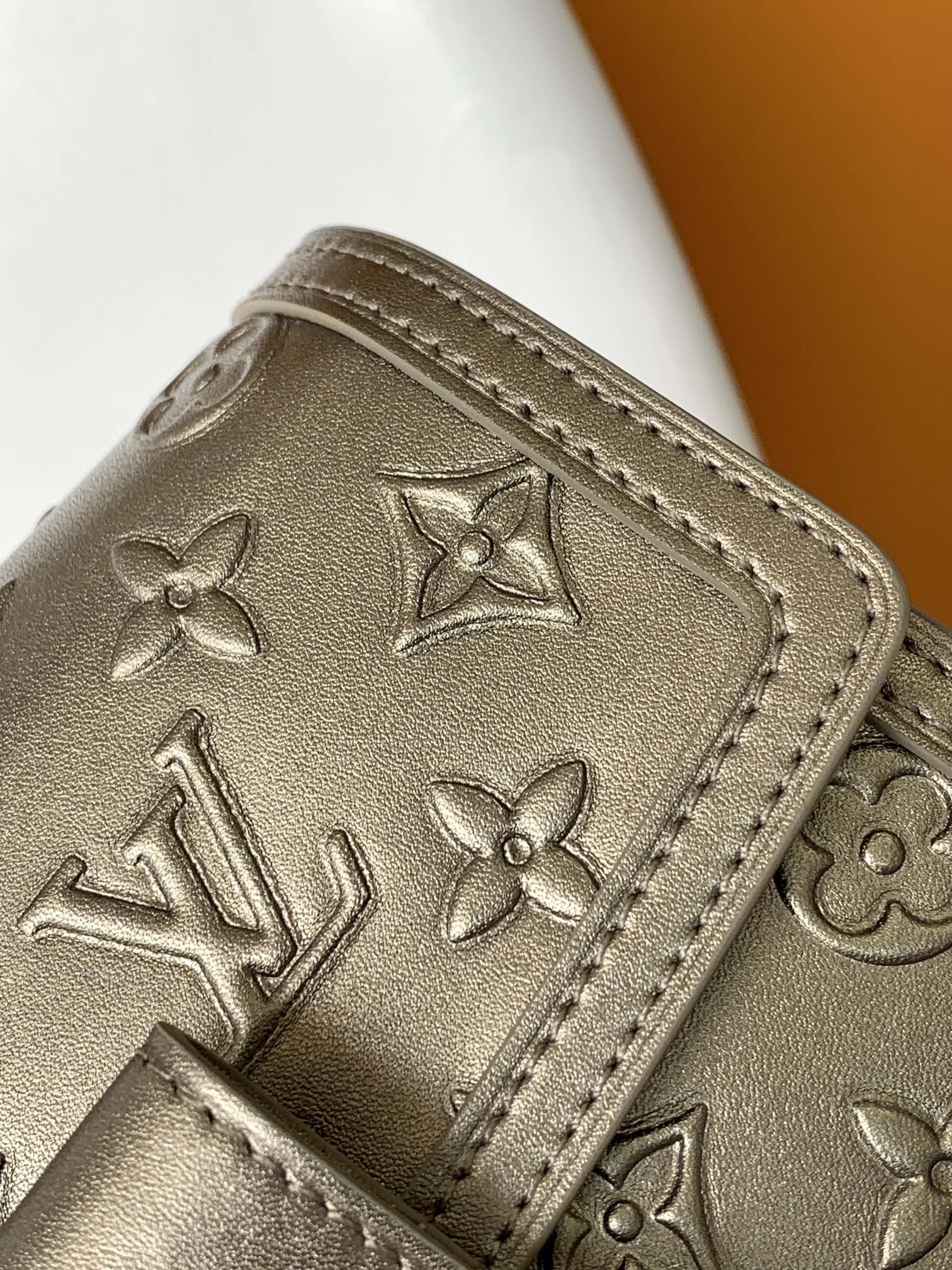 LV 25S MINI DAUPHINE BAG 20 IN BEIGE GRAY MOONOGRAM CALFSKIN SHIMMERING METALLIC GOLD