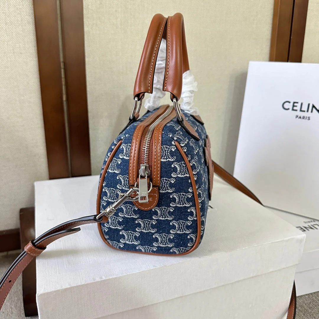 SMALL BOSTON 19 IN SPACE BLUE TRIOMPHE DENIM AND BROWN CALFSKIN TRIM
