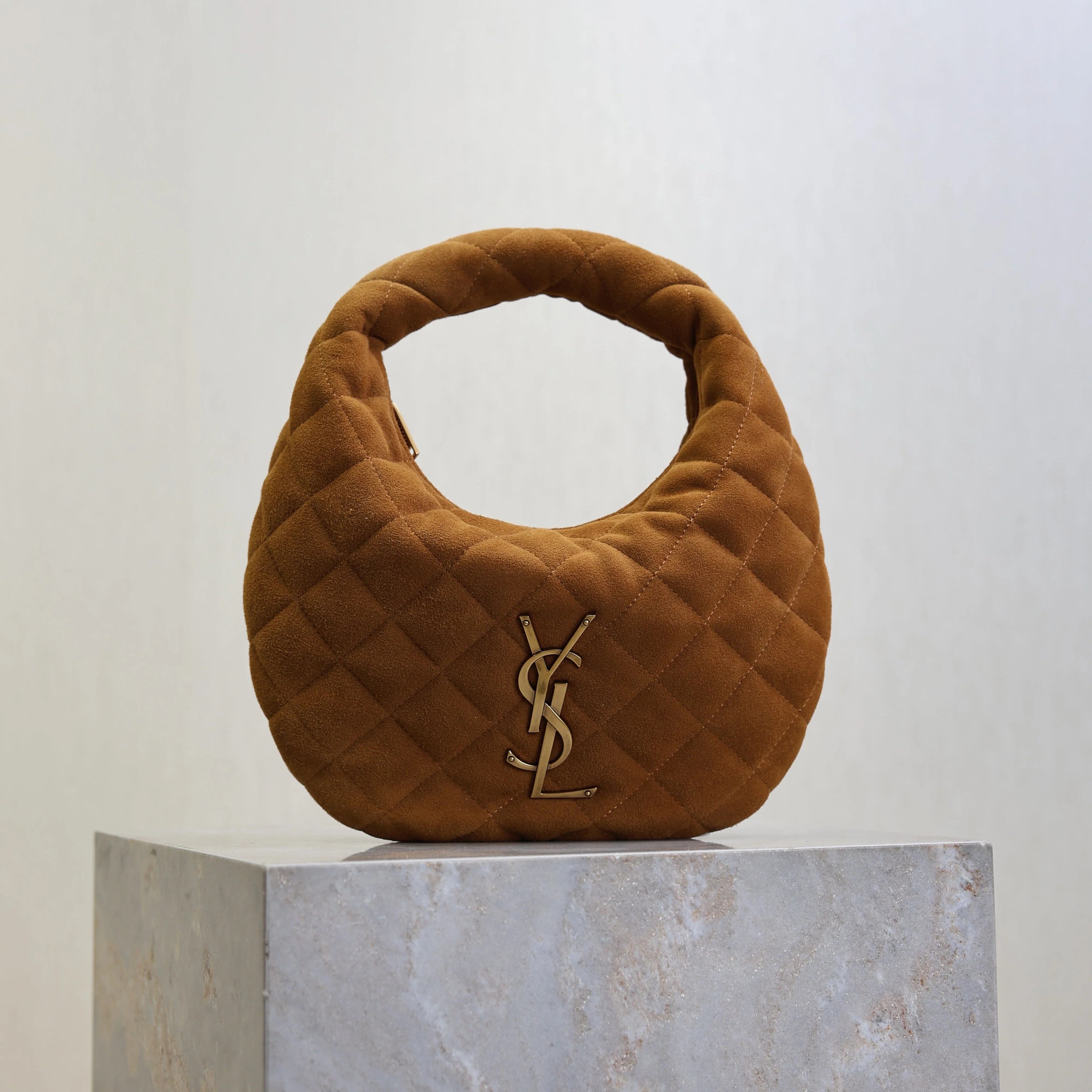 YSL 25S ICARINO MINI 17 IN CARAMEL QUILTED SUEDE GOLD HARDWRE