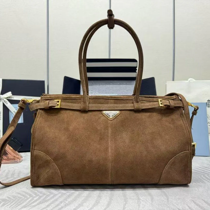 TOTE BAG WITH BELT 38 IN CHOCOLATE BROWN SUEDE GOLD HARDWARE