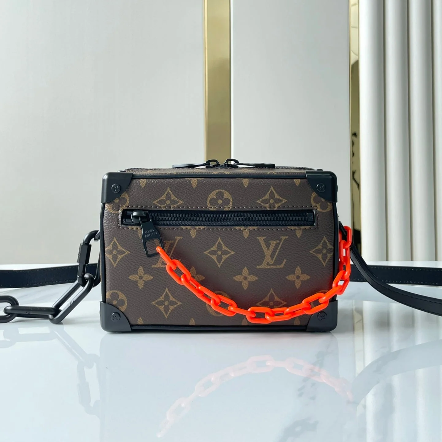 MINI SOFT TRUNK 18 IN BROWN MONOGRAM CANVAS RED ORANGE CHAIN