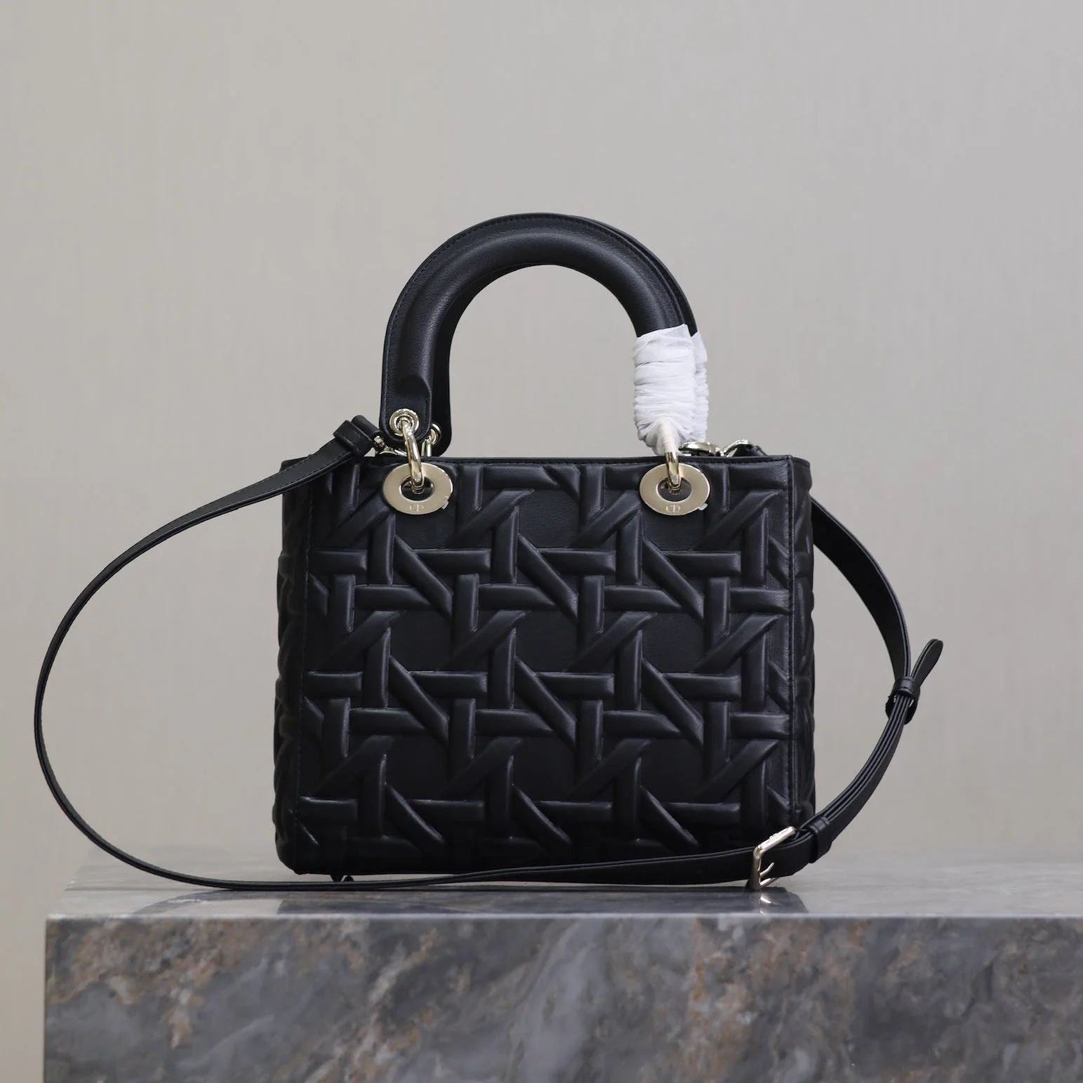 LADY BAG 24 IN BLACK GRAPHIC CANNAGE CALFSKIN PALE GOLD-FINISH METAL CHARMS