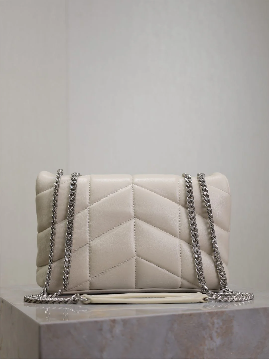 YSL 25S LOULOU PUFFER MINI 23 IN SMOKEY TAUPE CALFSKIN SILVER HARDWRE