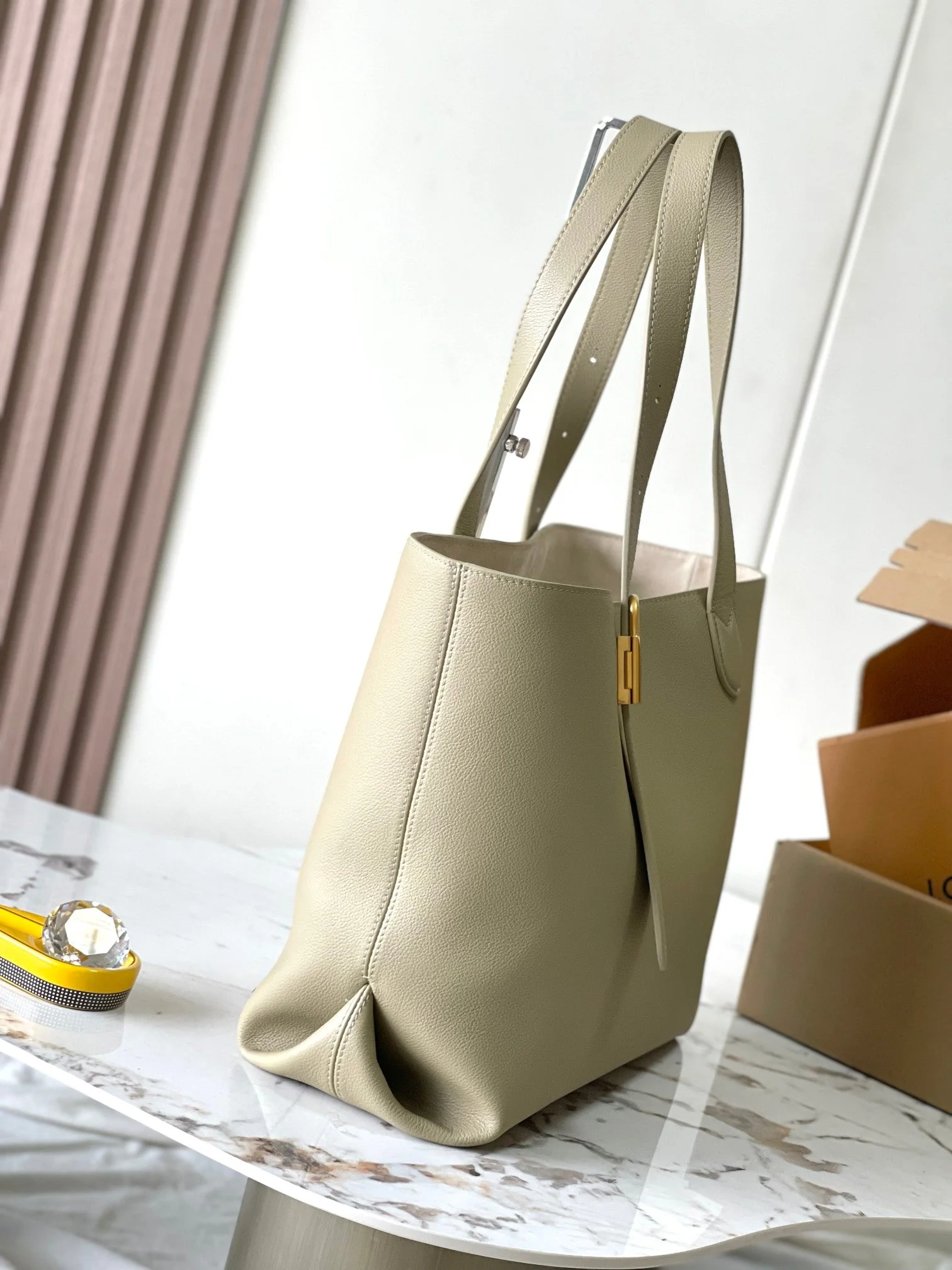 LOW KEY CABAS 47 IN BEIGE GRAINED CALFSKIN GOLD BUCKLE