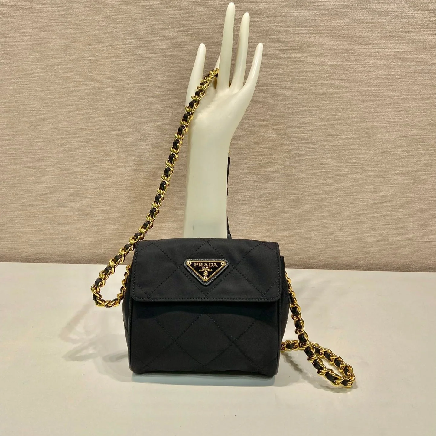 MINI QUILTED FLAP BAG 14 IN BLACK RE-NYLON FABRIC GOLD CHAIN