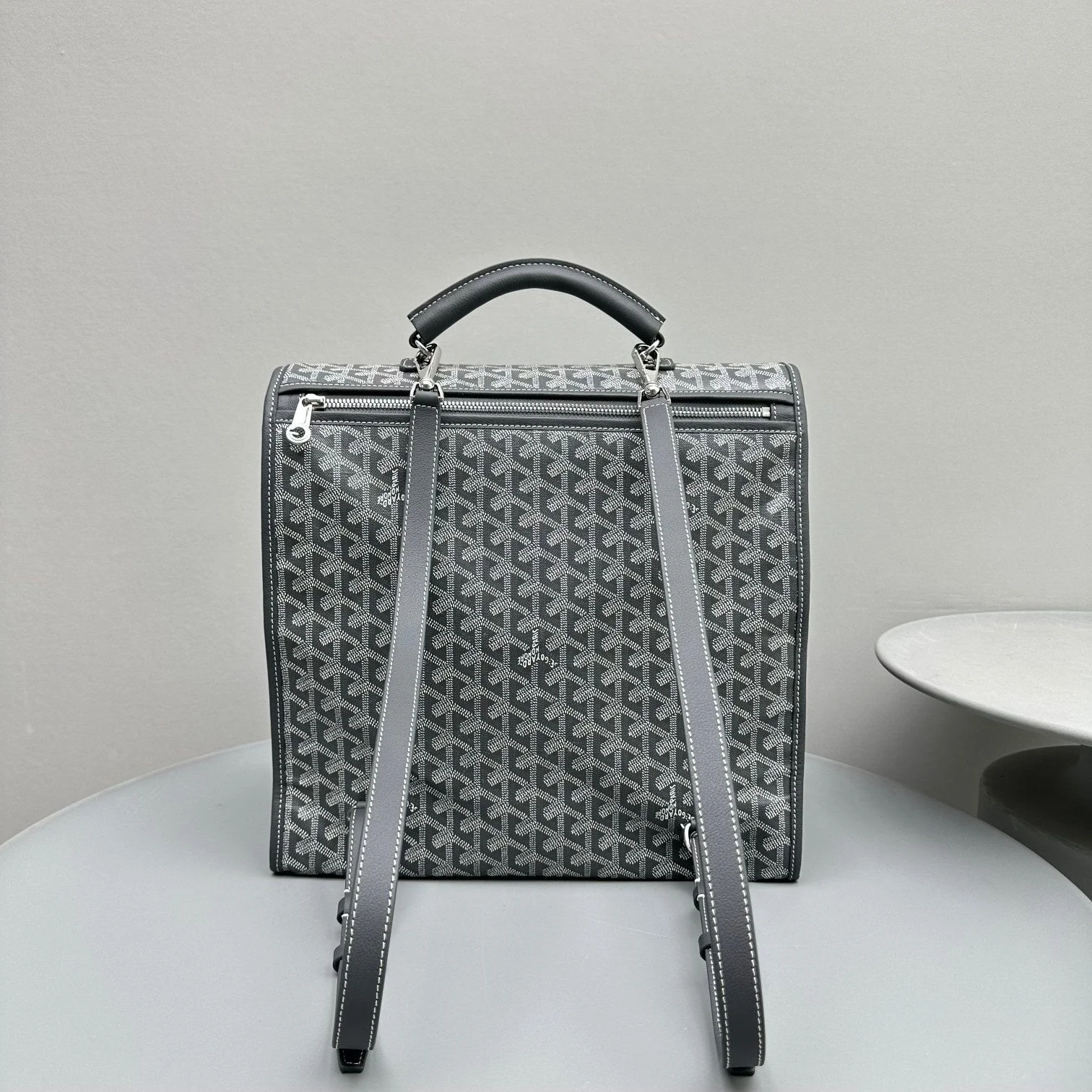 LEGER BACKPACK 37 IN GRAY GOYARDINE CANVAS WITH CALFSKIN TRIM