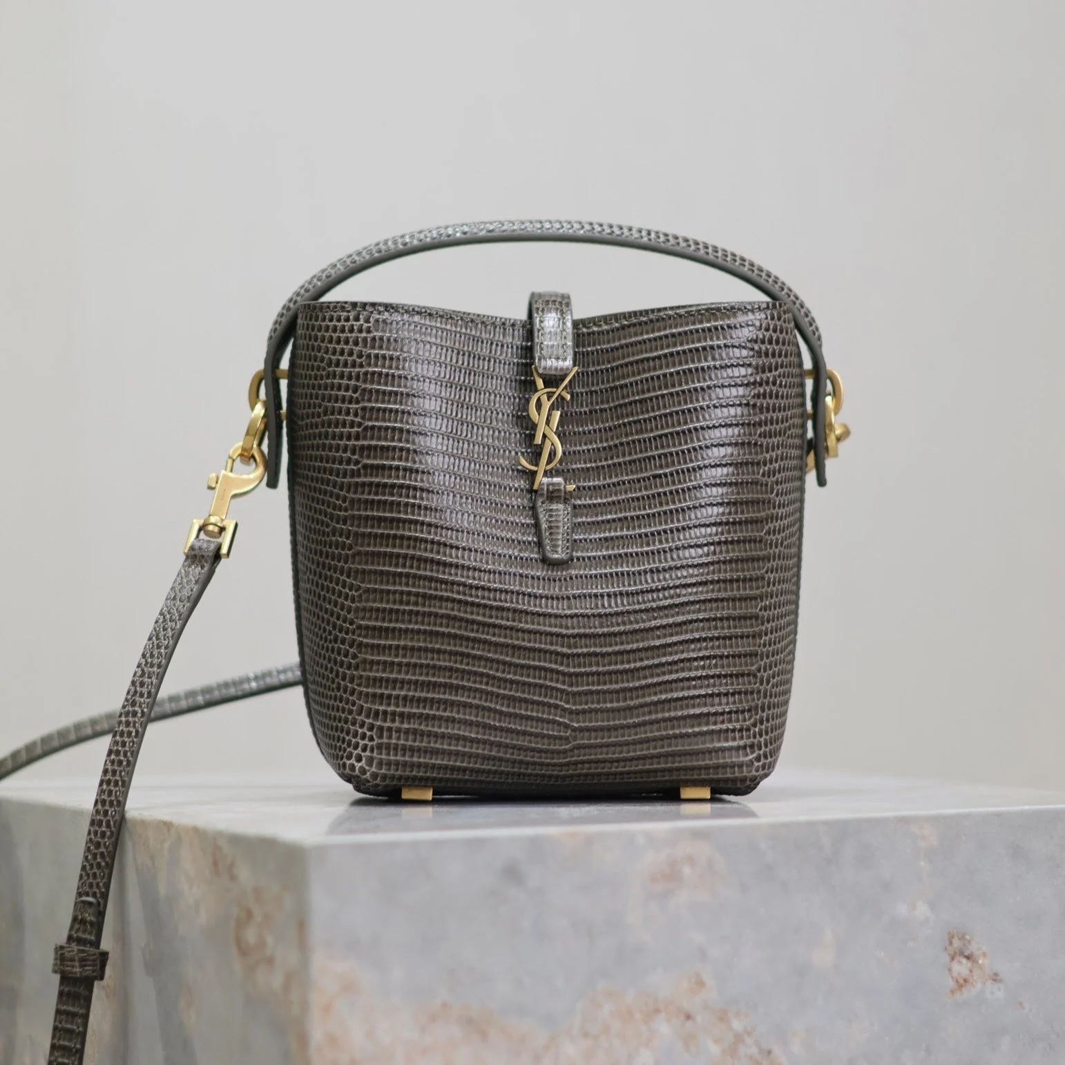 YSL 25S LE 37 MINI 15 IN BROWN LIZARD PATTERN CALFSKIN GOLD HARDWRE
