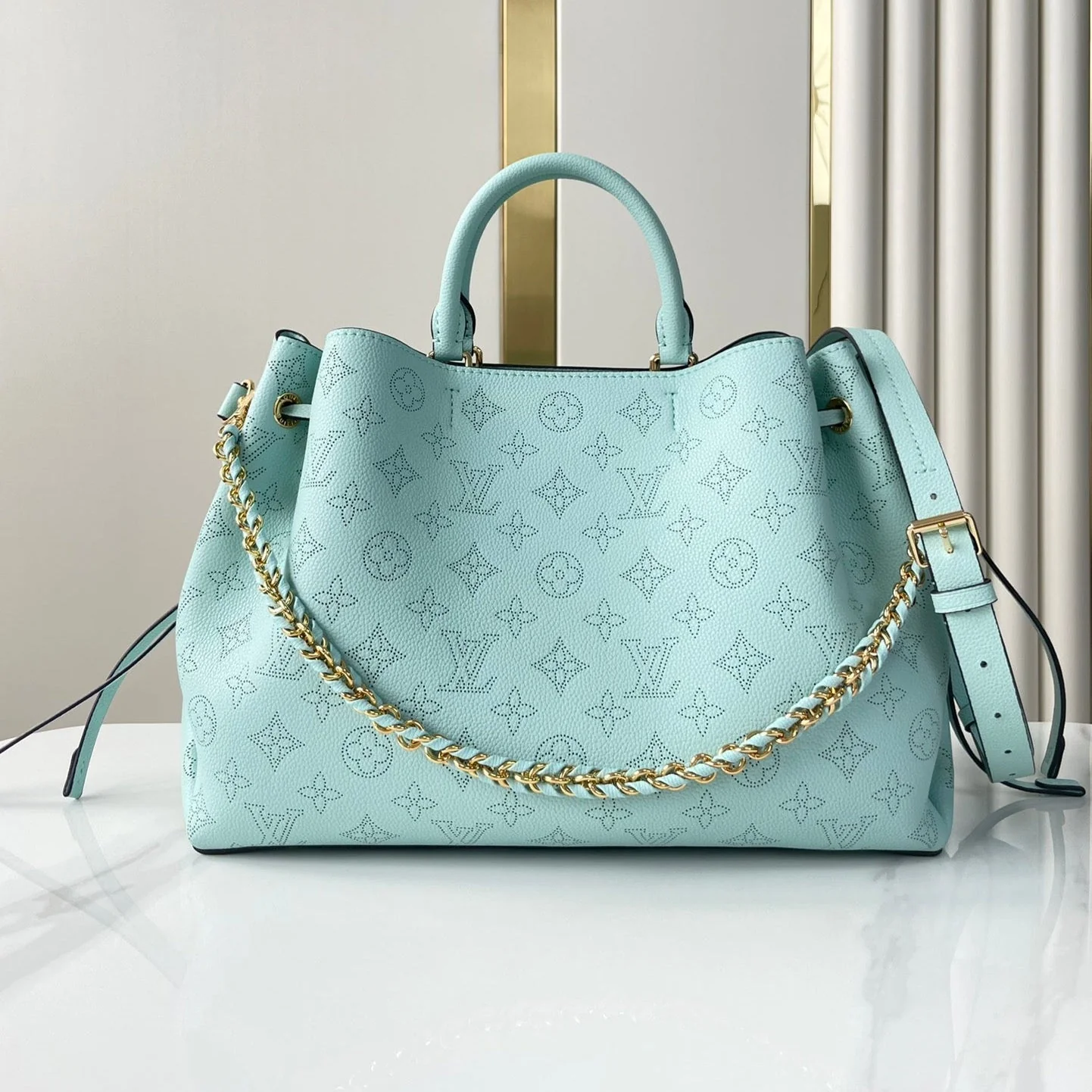 BELLA TOTE 32 IN SKY BLUE MONOGRAM PERFORATED CALFSKIN GOLD HARDWARE