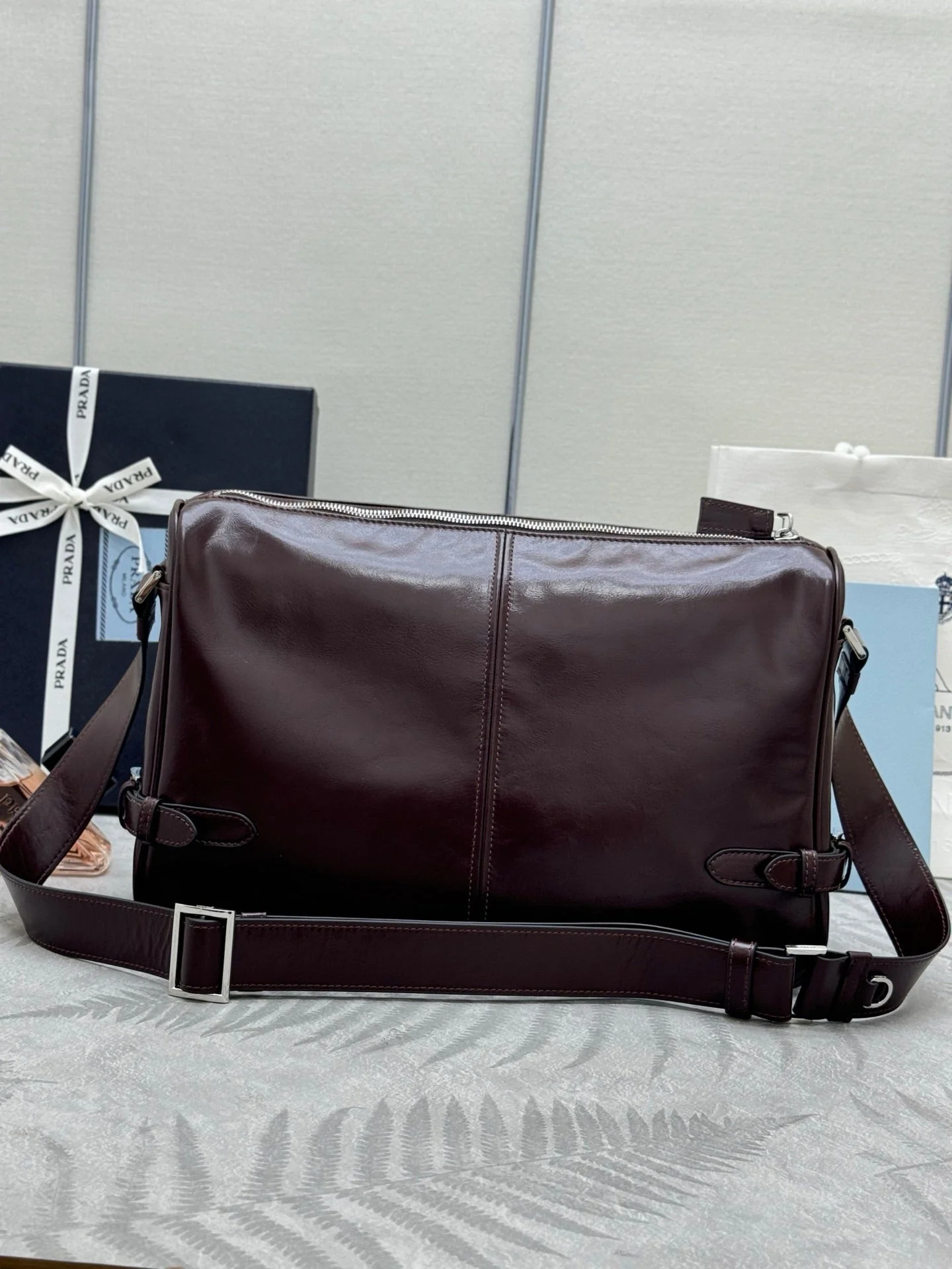 PRADA 25S SHOULDER BAG 35 IN DARK BROWN CALFSKIN SILVER HARDWRE