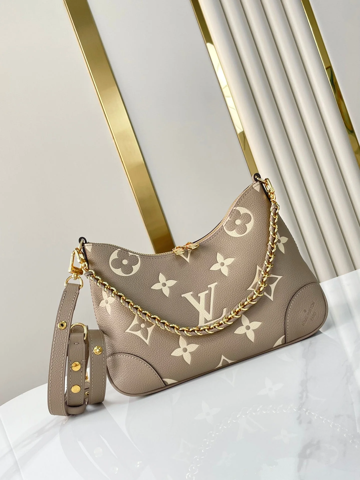 BOULOGNE 29 IN DOVE GRAY AND CREAM MONOGRAM EMPREINTE LEATHER GOLD HARDWARE