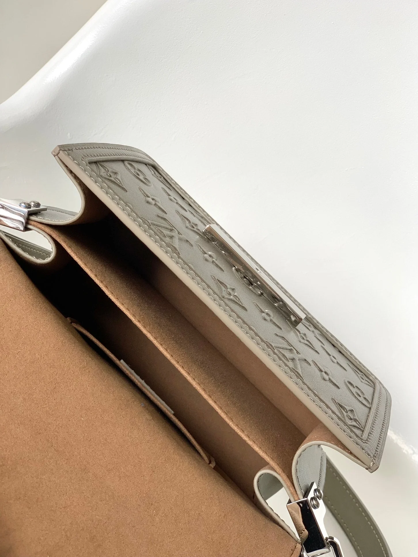 LV 25S MINI DAUPHINE BAG 20 IN BEIGE GRAY MOONOGRAM CALFSKIN SHIMMERING METALLIC GOLD