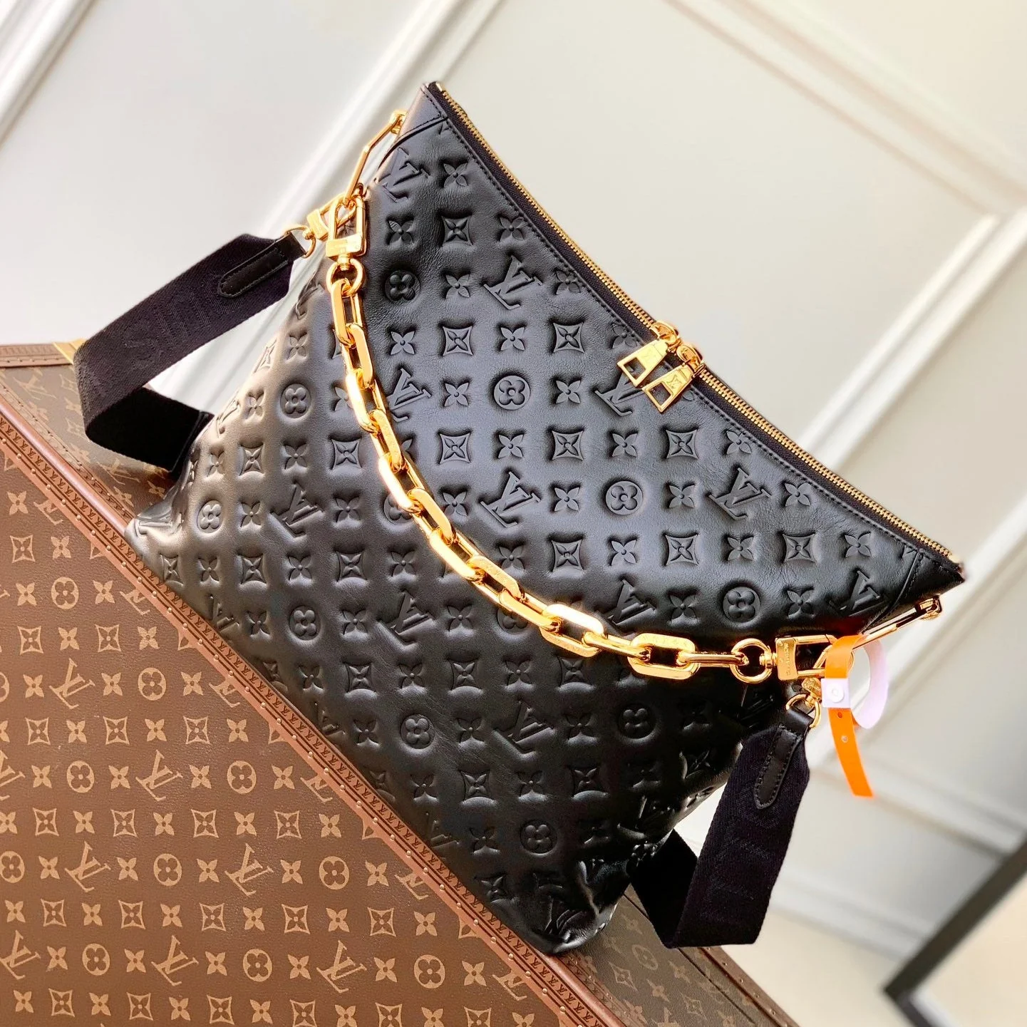 COUSSIN MM 38 IN BLACK MONOGRAM EMBOSSED CALFSKIN GOLD HARDWARE