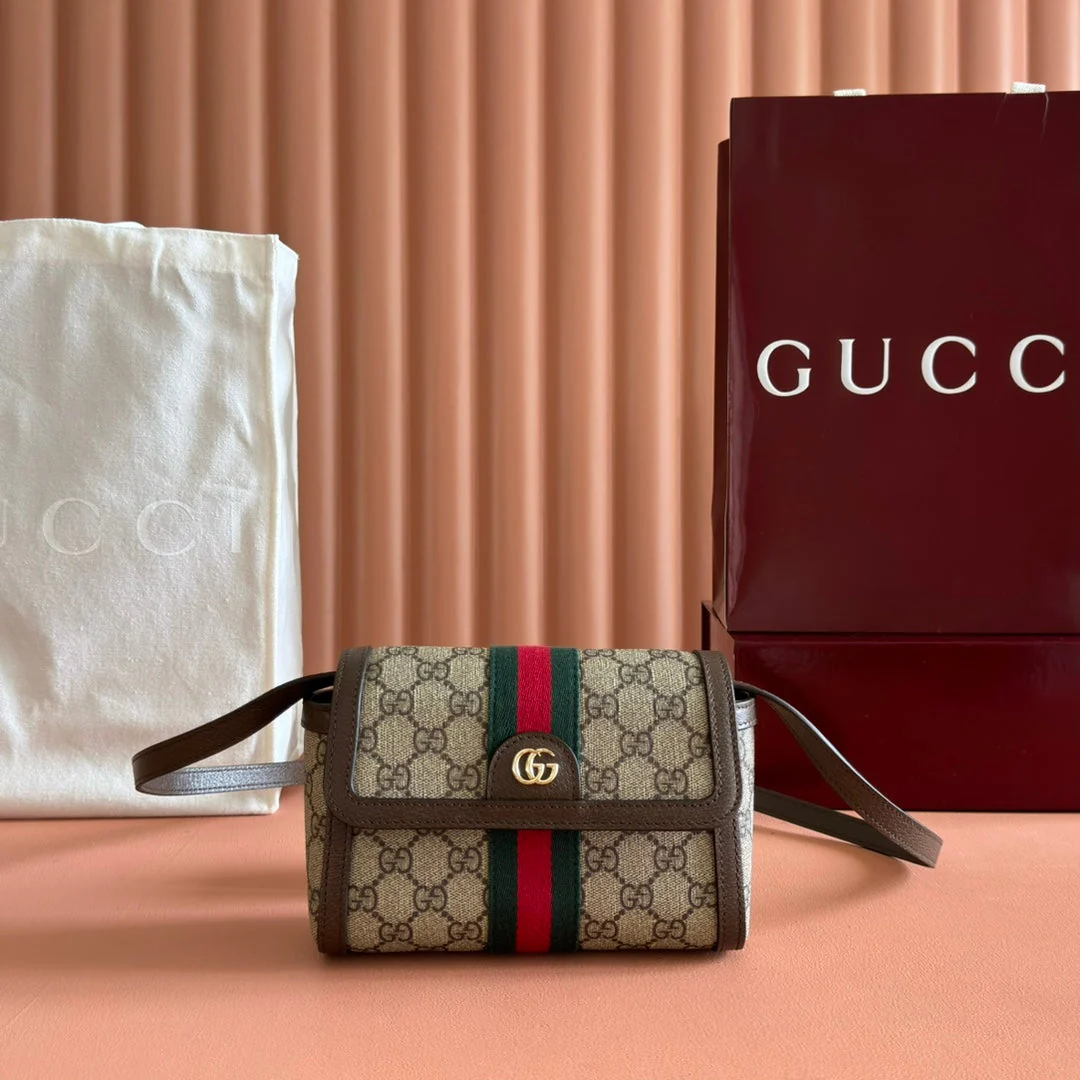 GUCCI 25S OPHIDIA BAG 18 IN BEIGE CANVAS AND BROWN CALFSKIN SILVER HARDWARE