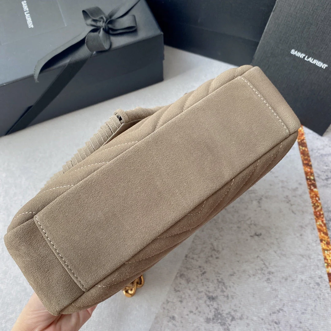 COLLEGE TASSEL 24 IN LIGHT FAWN SUEDE GOLD HARDWARE