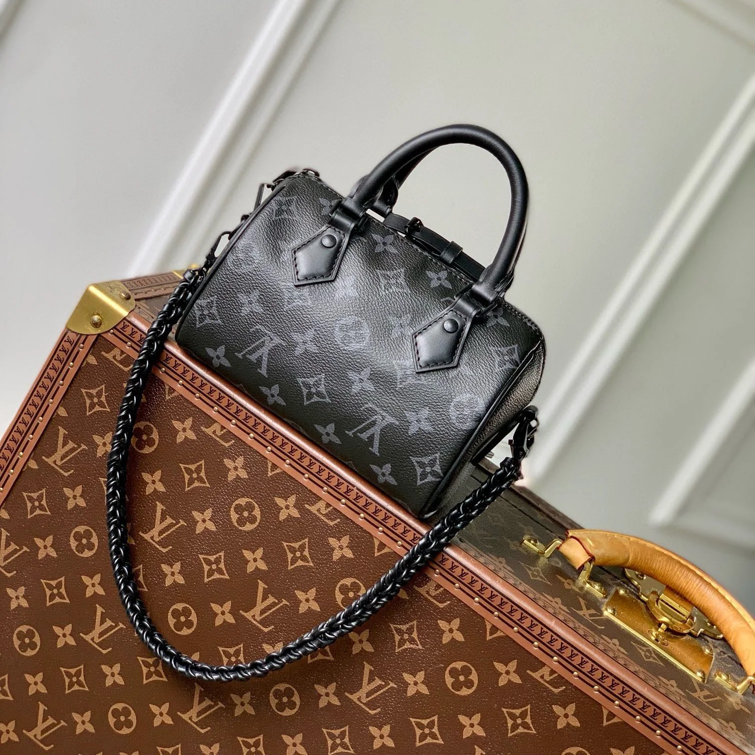 SPEEDY BAG 18 IN BLACK MONOGRAM COATED CANVAS BLACK HARDWARE