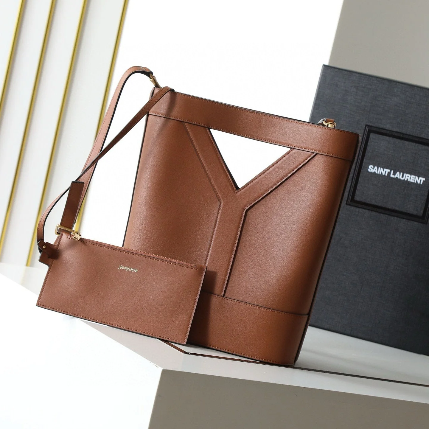 YSL Y BUCKET BAG 30 IN BROWN CALFSKIN
